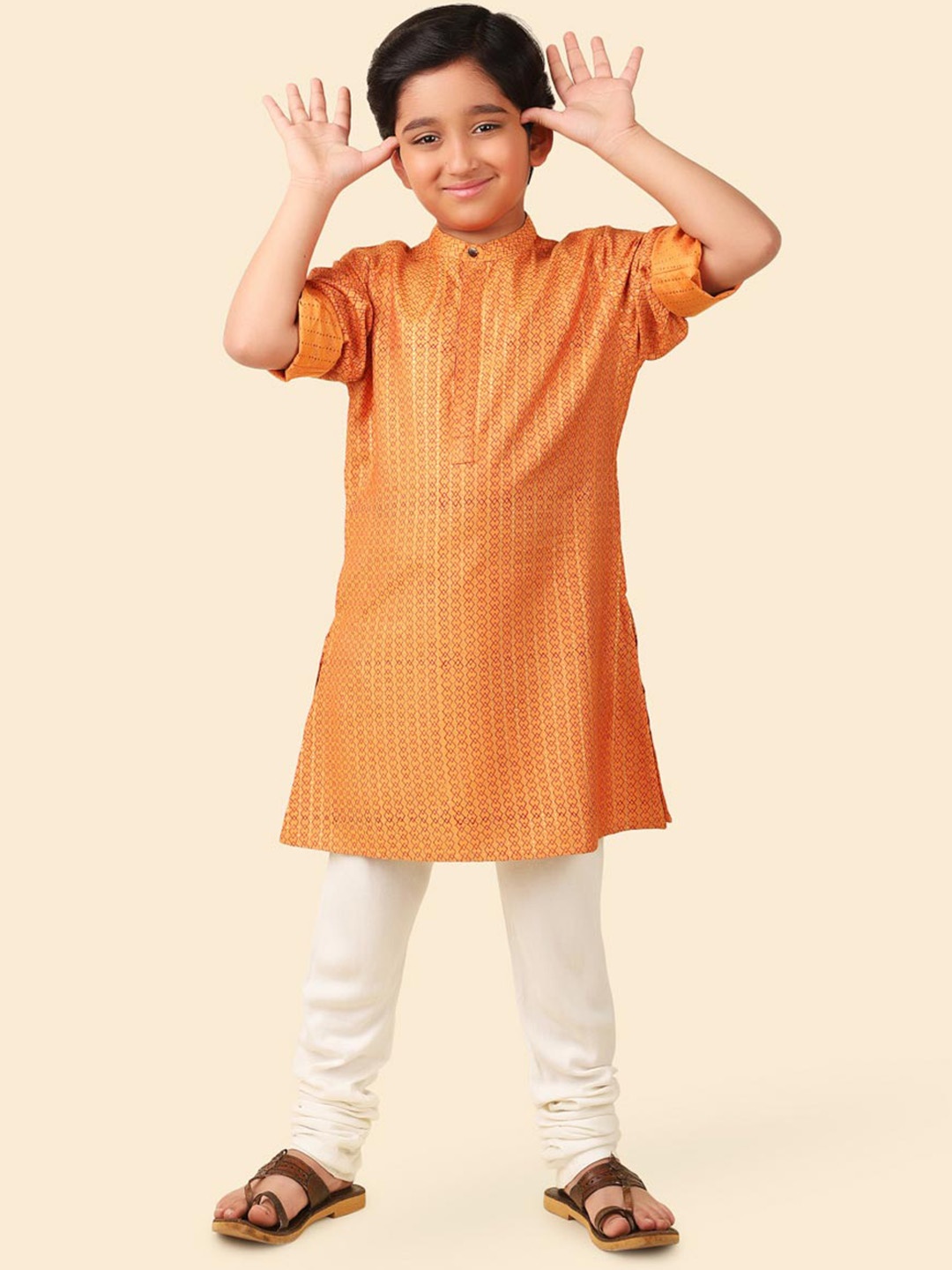 

Fabindia Boys Geometric Printed Band Collar Straight Kurta, Orange