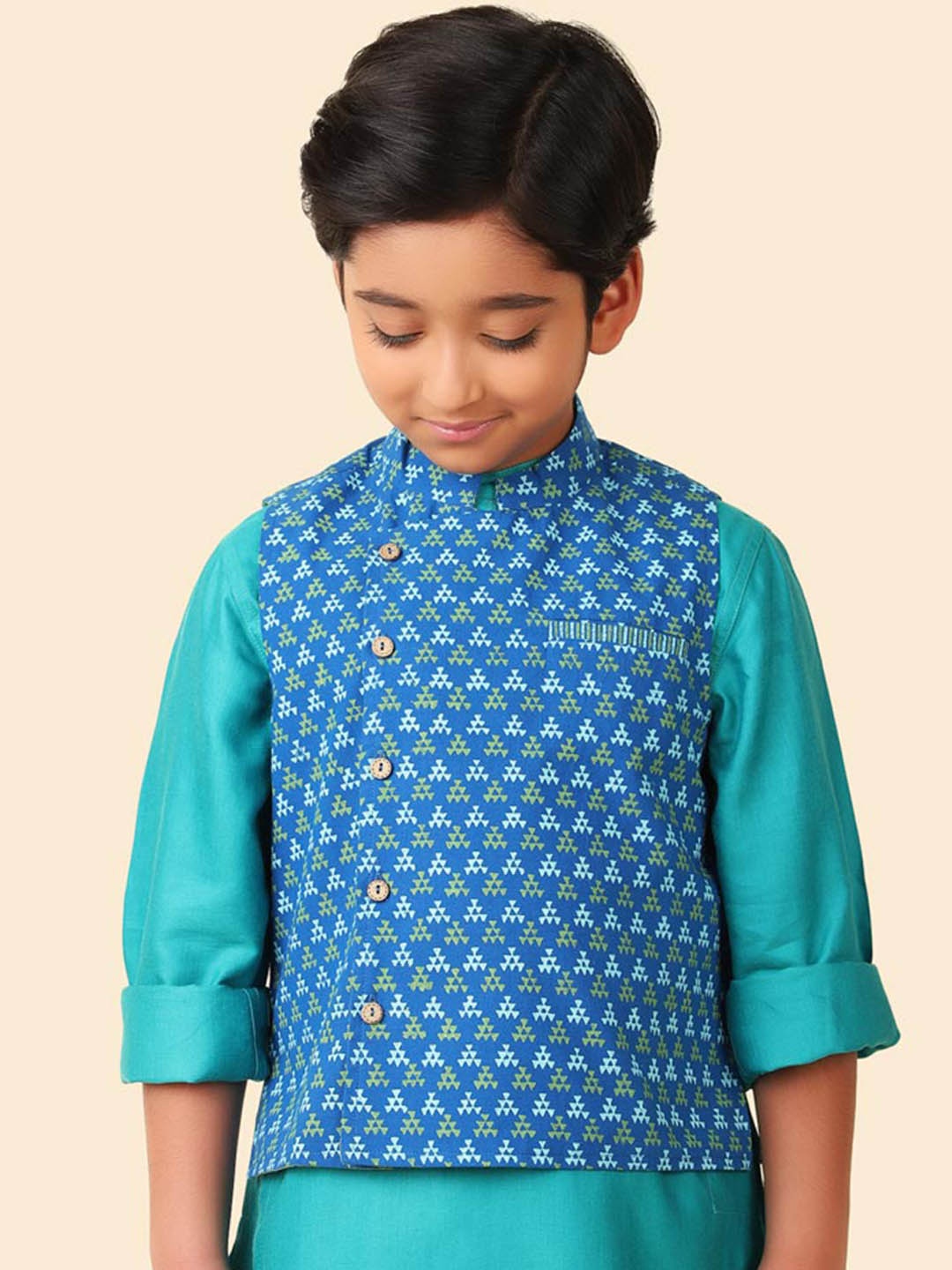 

Fabindia Boys Ethnic Motifs Printed Mandarin Collar Cotton Nehru Jacket, Blue