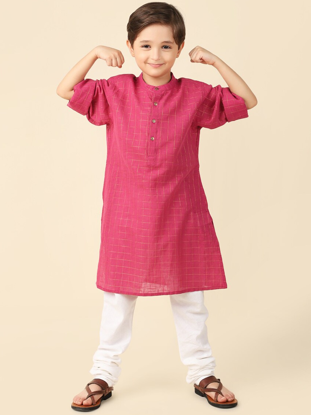 

Fabindia Boys Checked Band Collar Straight Kurta, Purple