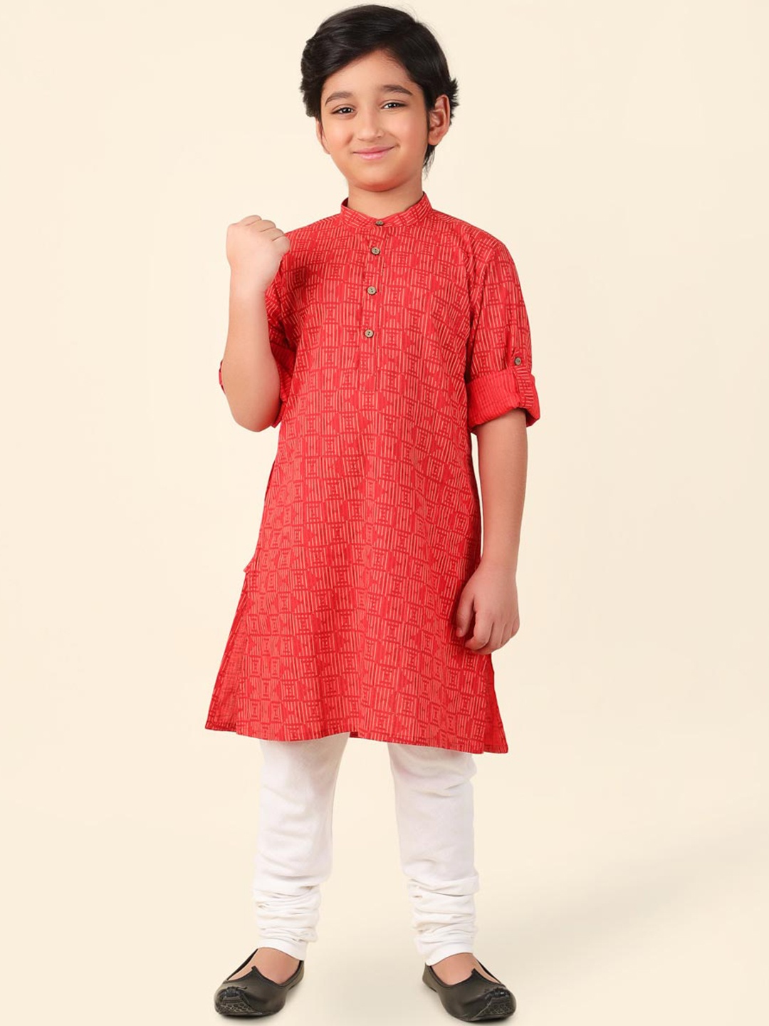 

Fabindia Boys Geometric Printed Roll-Up Sleeves Band Collar Cotton Straight Kurta, Red