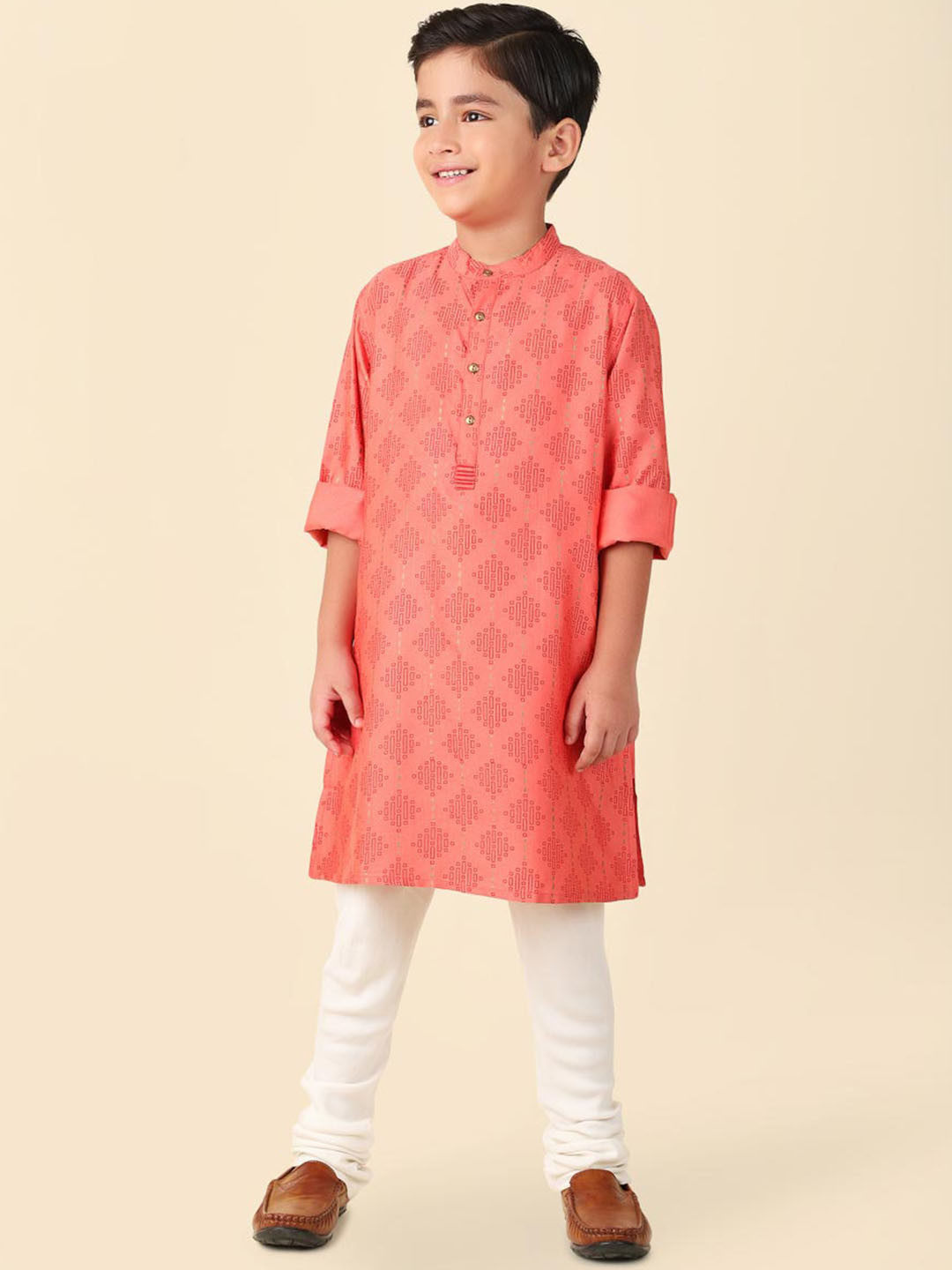 

Fabindia Boys Ethnic Motifs Printed Band Collar Straight Kurta, Coral
