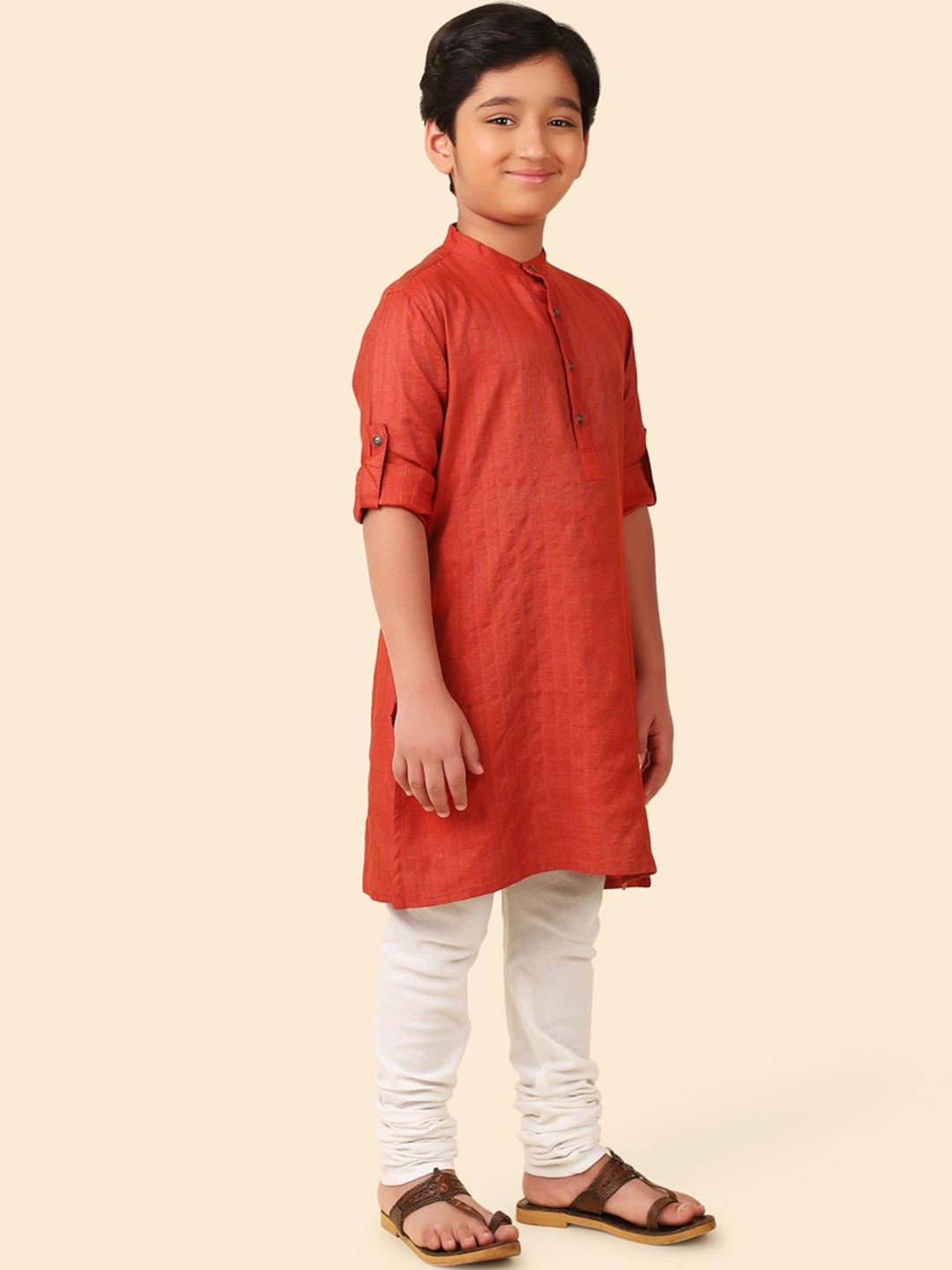 

Fabindia Boys Band Collar Roll Up Sleeves A-Line Kurta, Red