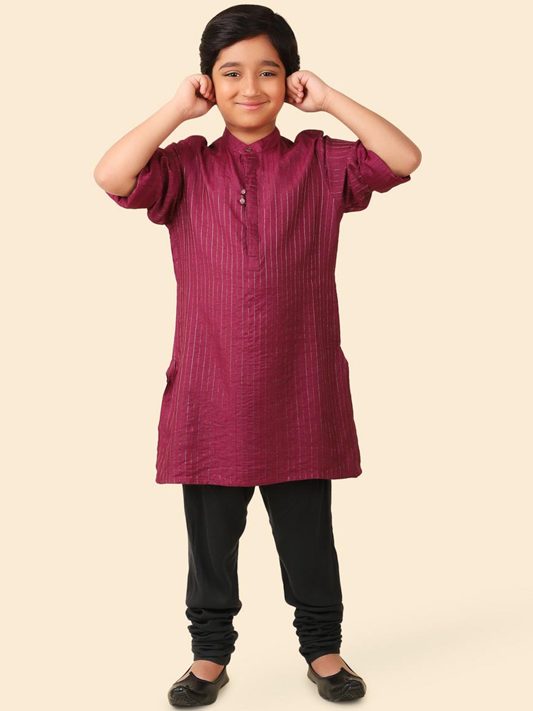 

Fabindia Boys Striped Band Collar Straight Kurta, Purple