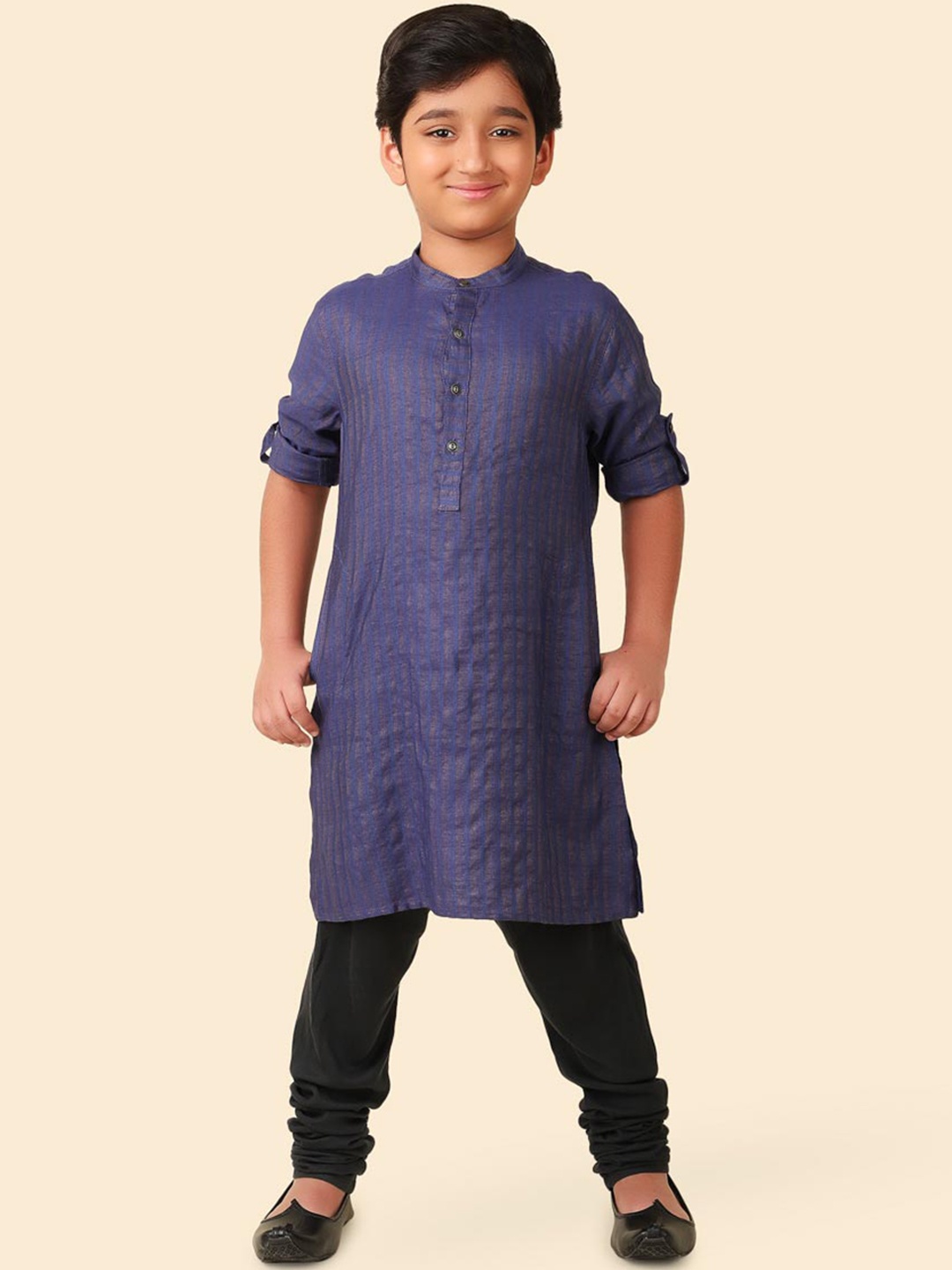 

Fabindia Boys Striped Mandarin Collar Kurta, Blue