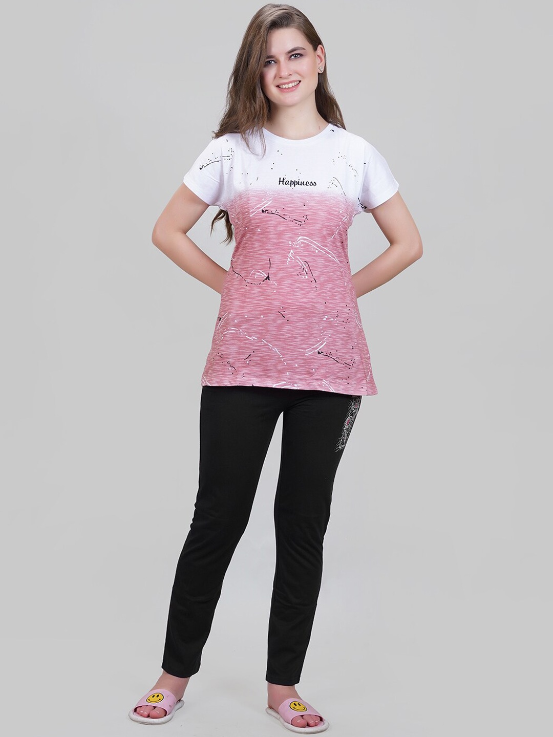 

She N She Colourblocked & Printed Night Suit, Pink