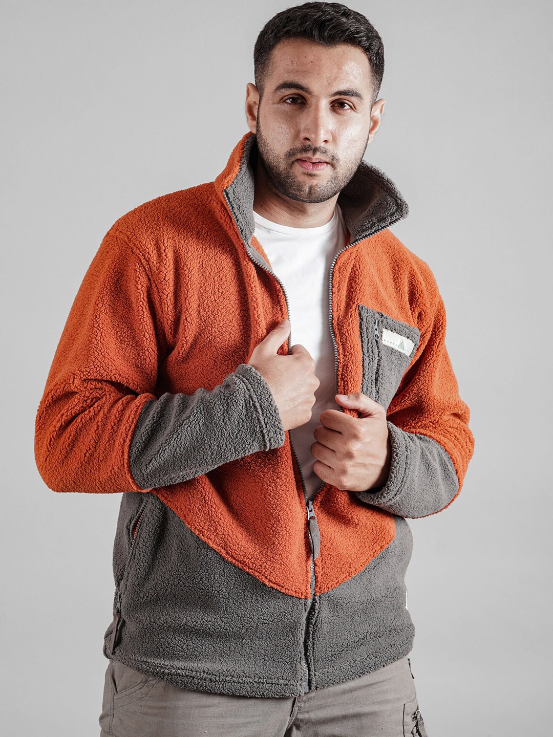 BOMBAY TROOPER Colourblocked Mock Collar Fleece Insulator Tailored Jacket, Orange