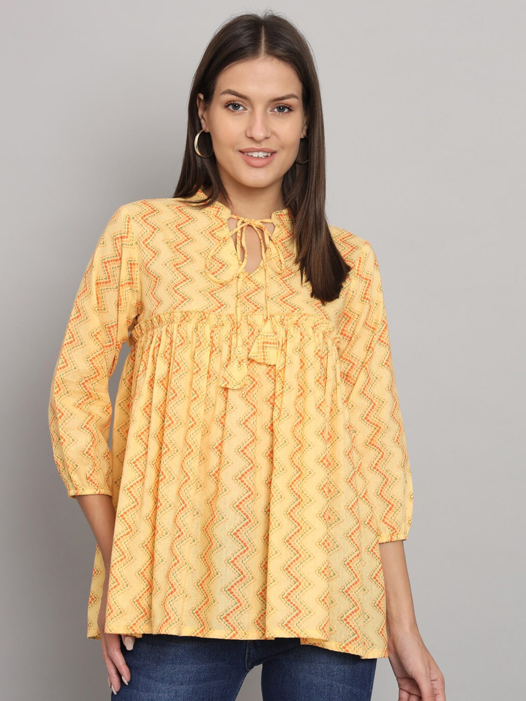 

HELLO DESIGN Chevron Printed Tie-Up Neck Cotton Top, Yellow