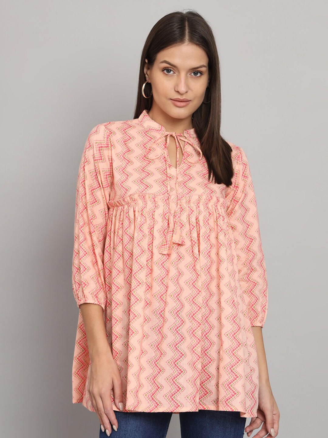 

HELLO DESIGN Geometric Printed Tie-Up Neck Cotton A-Line Top, Peach