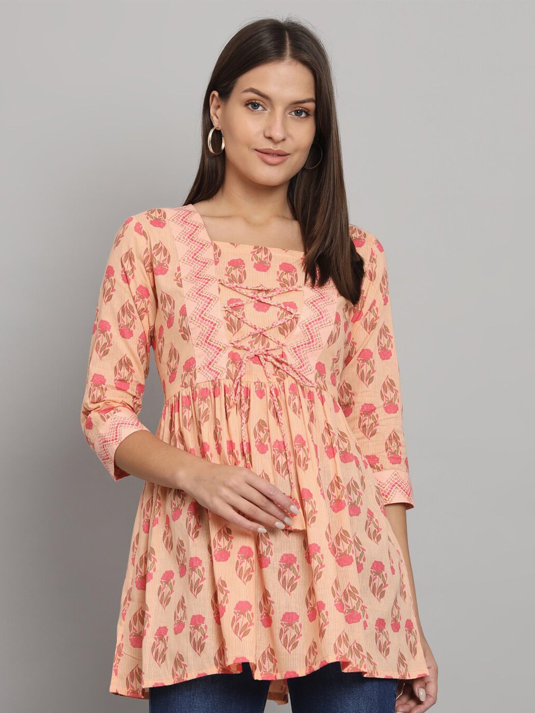 

HELLO DESIGN Floral Printed Cotton Empire Top, Peach