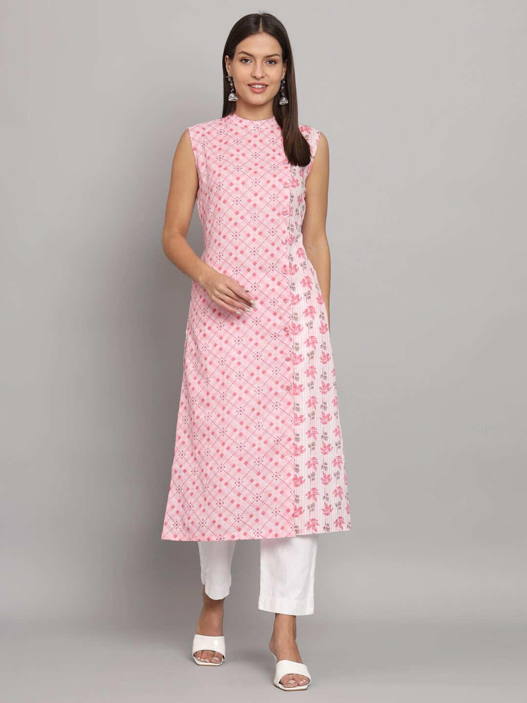 

HELLO DESIGN Geometric Printed Mandarin Collar Sleeveless Cotton Kurta, Pink