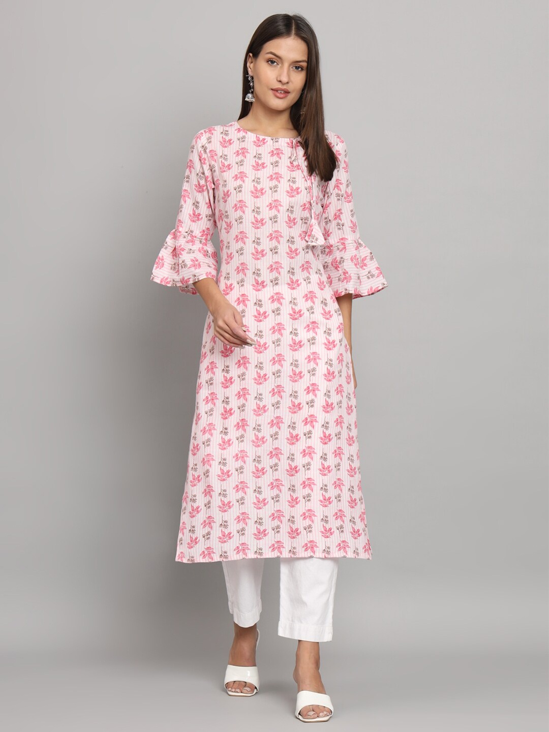 

HELLO DESIGN Ethnic Motifs Printed Cotton A-Line Kurta, Pink