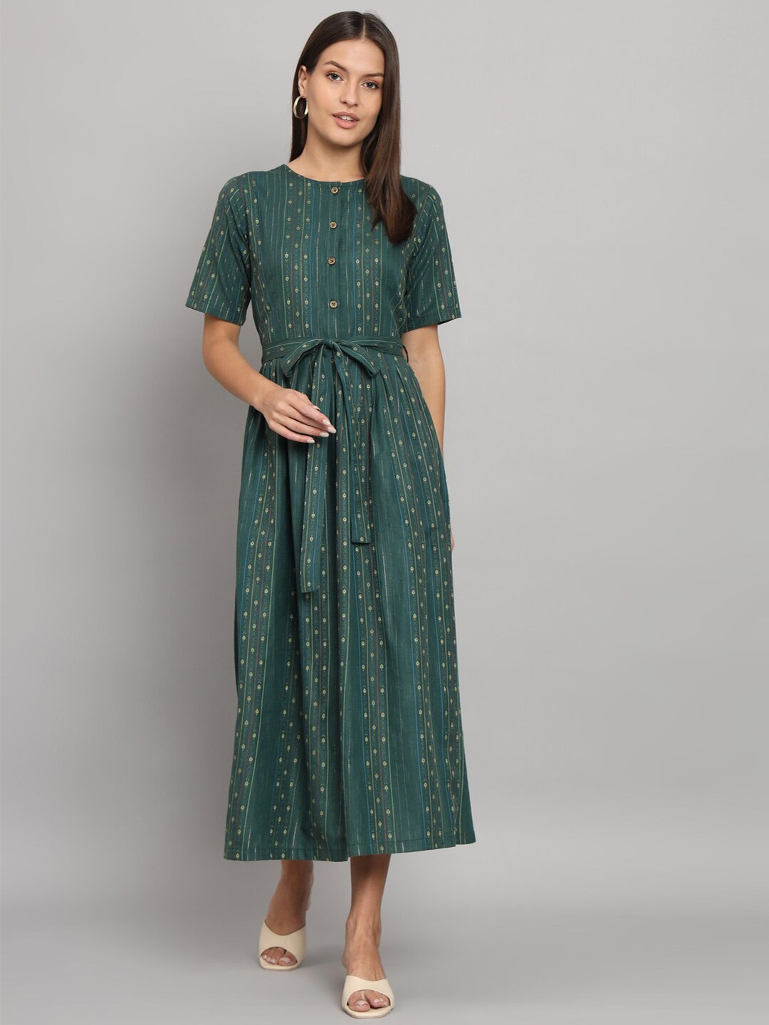

HELLO DESIGN Ethnic Motifs Printed Belted Detailed Cotton A-Line Midi Dress, Green