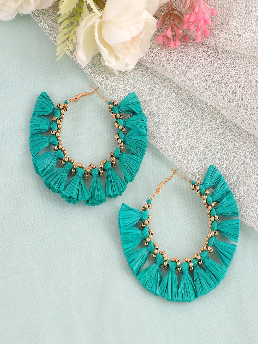 

UNIVERSITY TRENDZ Gold-Plated Tasselled Classic Hoop Earrings, Green