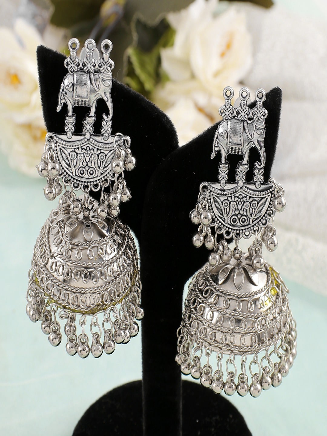 

UNIVERSITY TRENDZ Oxidized Silver Plated Dome Shaped Banjara Jhumkas