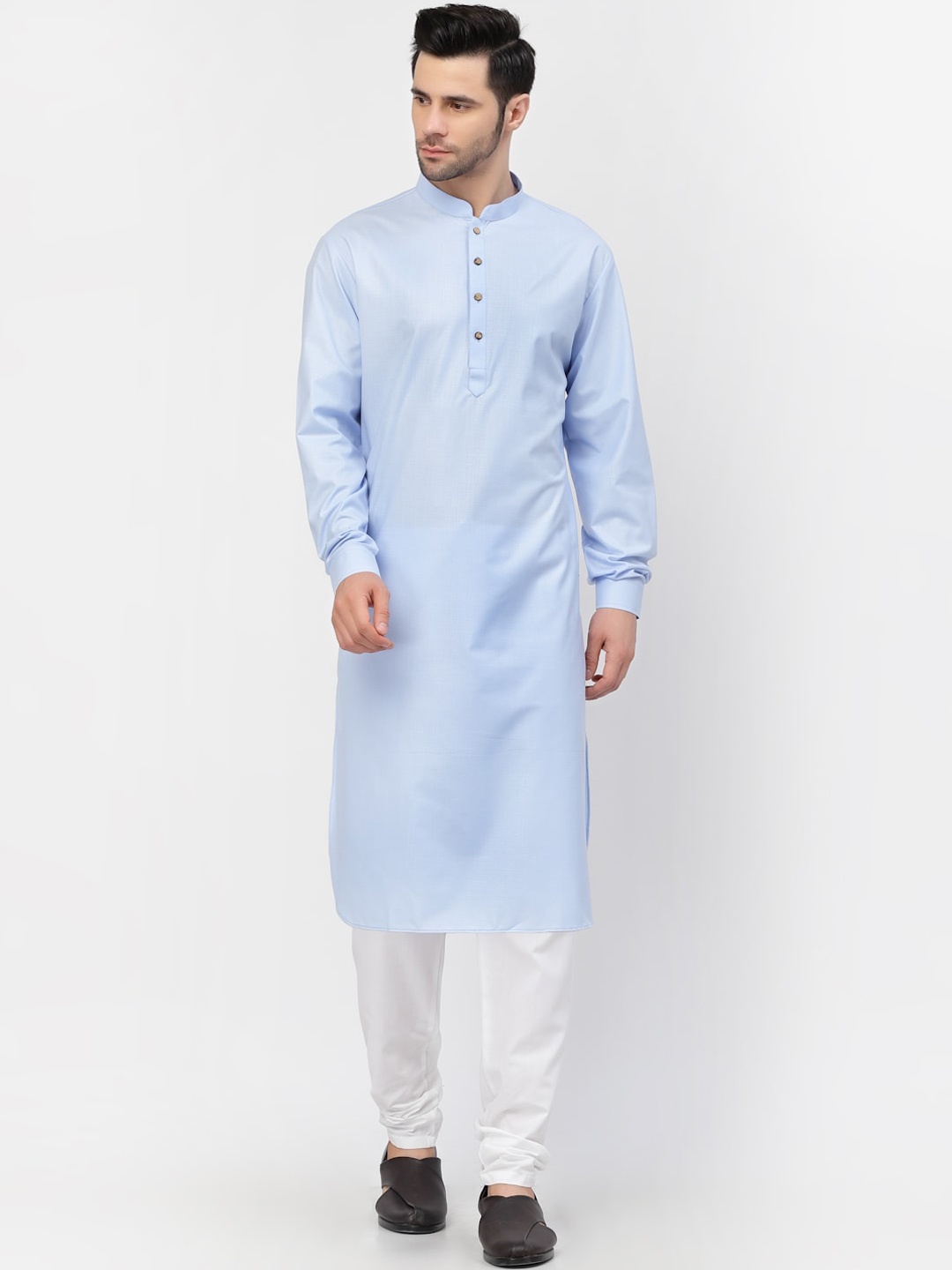 

MOHANLAL SONS Mandarin Collar Pure Cotton Straight Kurta with Churidar, Blue