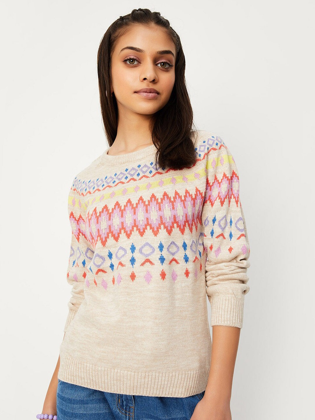 

max Girls Geometric Printed Acrylic Pullover Sweater, Beige