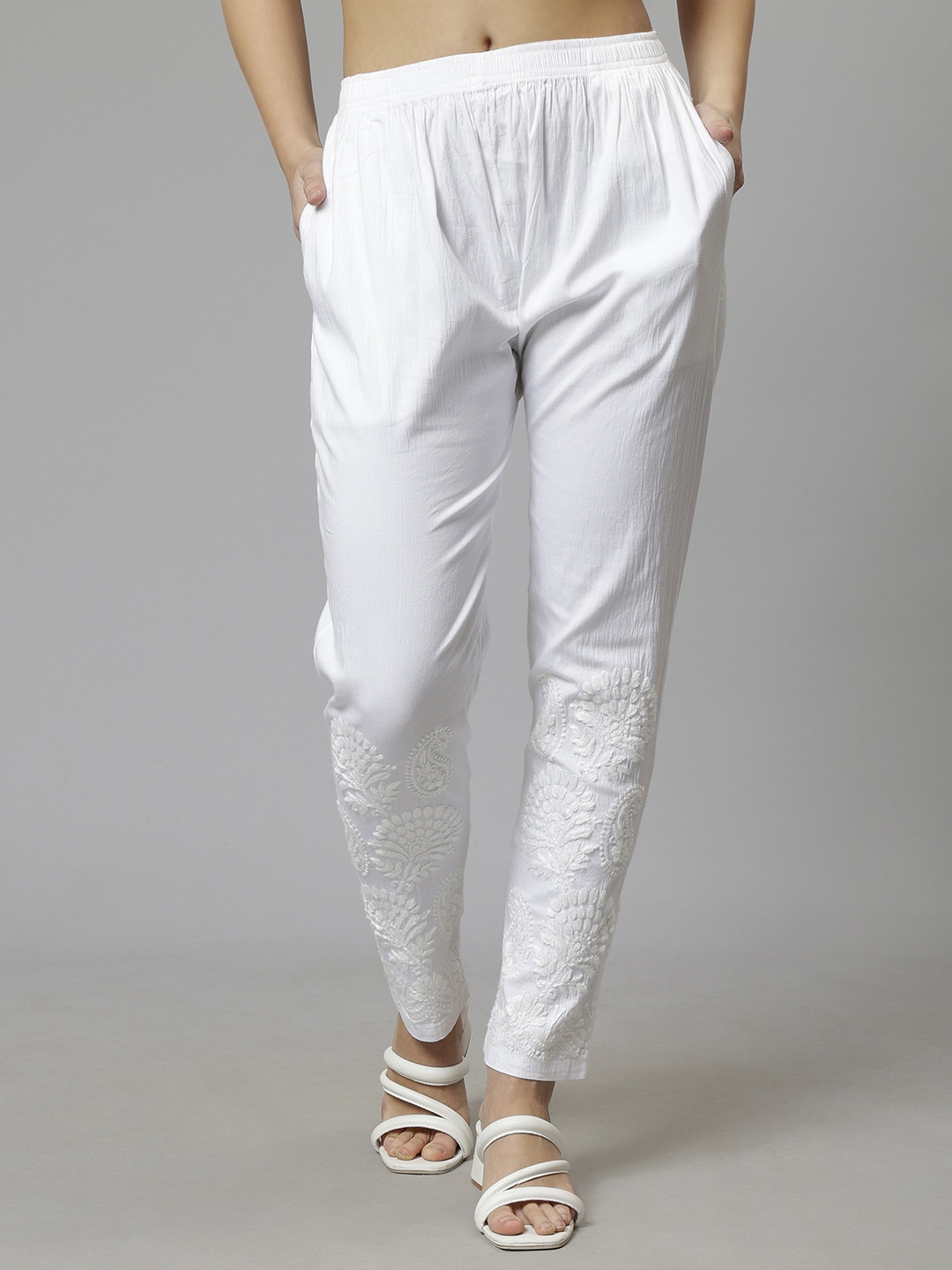 

Seva Chikan Women Mid-Rise Ethnic Motifs Embroidered Ethnic Trousers, White