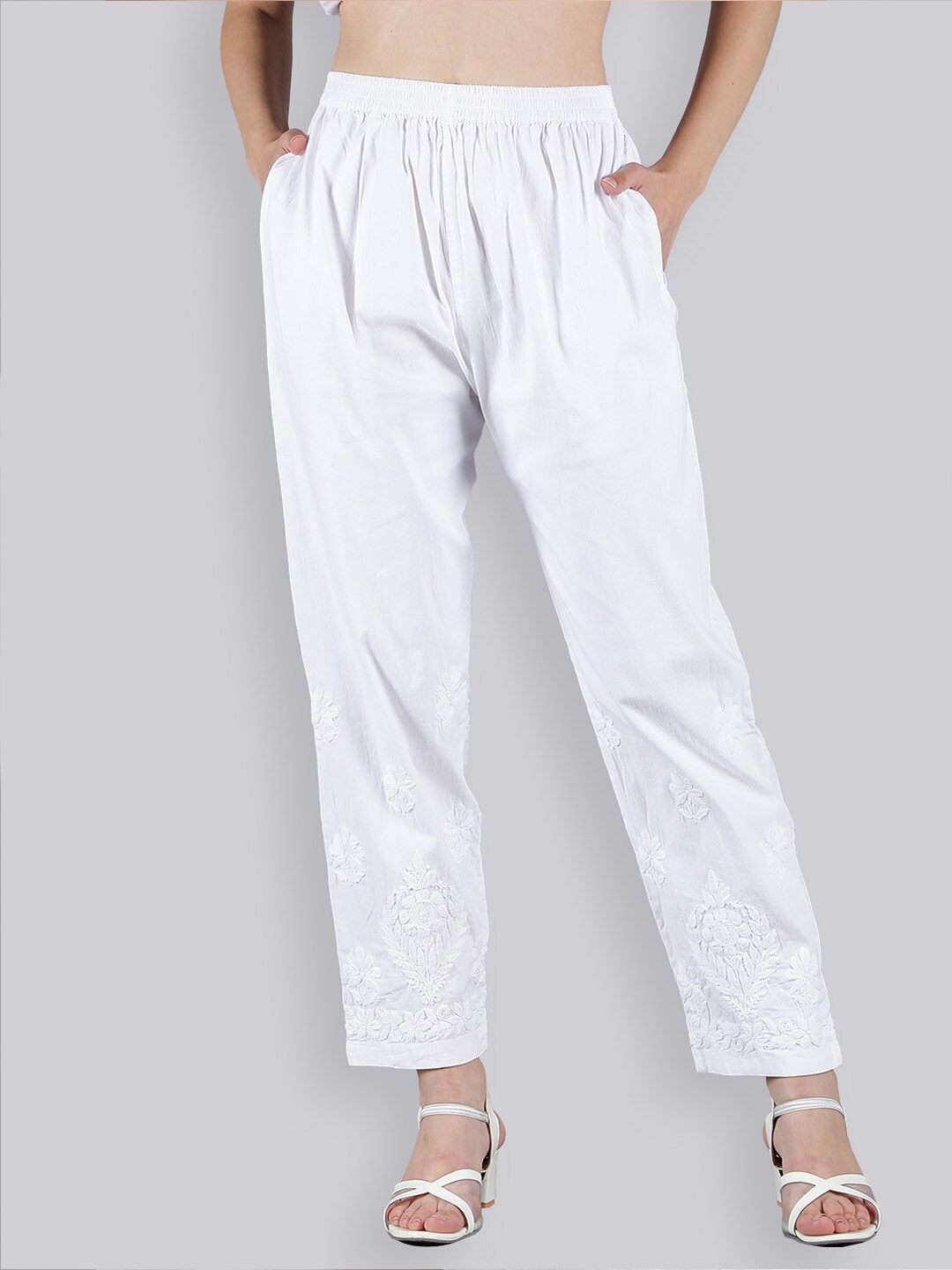 

Seva Chikan Women Mid-Rise Ethnic Motifs Embroidered Ethnic Trousers, White