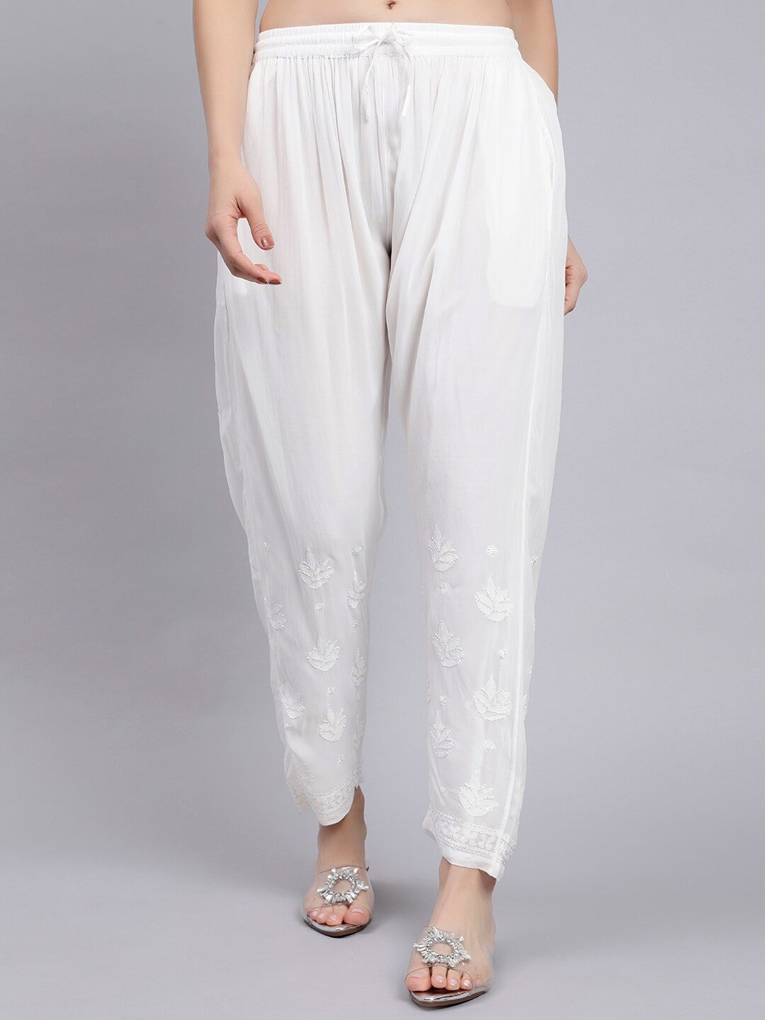 

Seva Chikan Chikankari Embroidered Straight Georgette Ethnic Palazzos, White