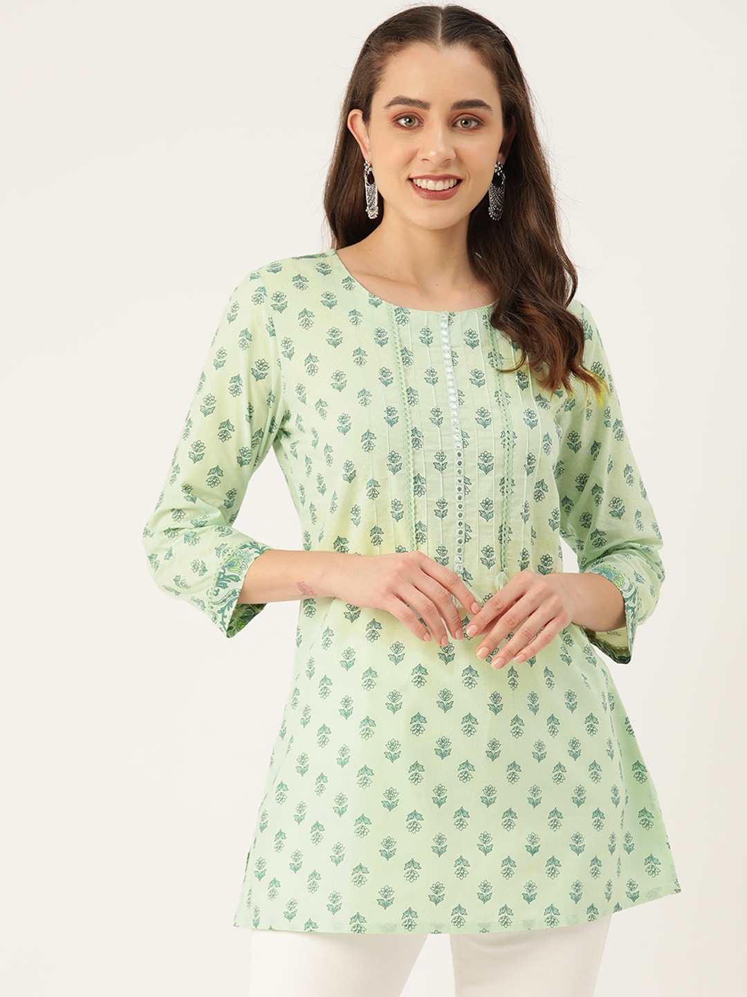 

Rue Collection Ethnic Motifs Printed Pure Cotton Mirror Work Pleated Kurti, Green