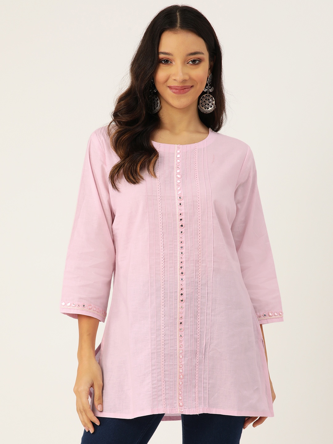 

Rue Collection Pure Cotton Mirror Work Pleated Kurti, Pink