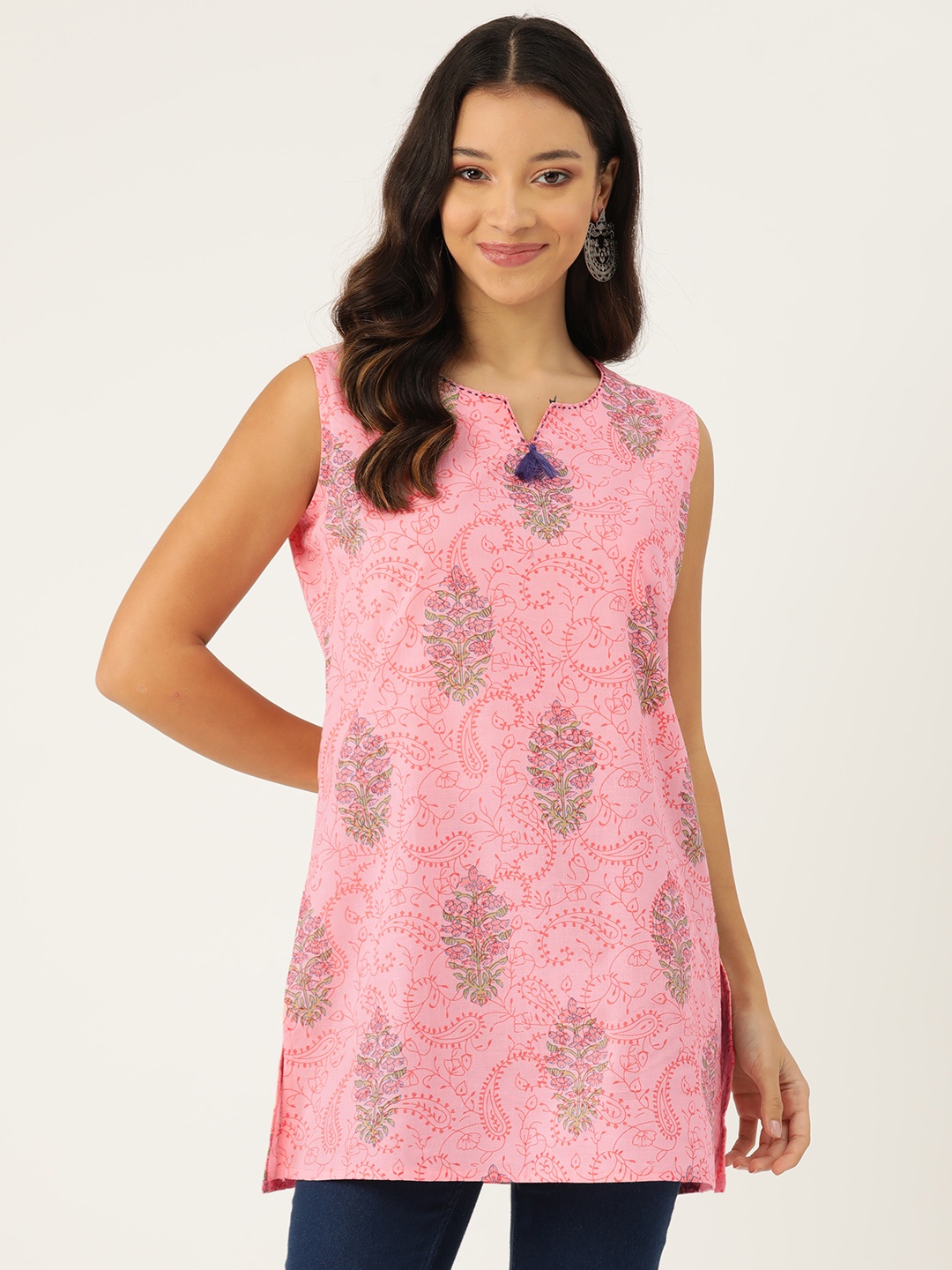 

Rue Collection Ethnic Motifs Printed Thread Work Pure Cotton Thread Work Kurti, Pink