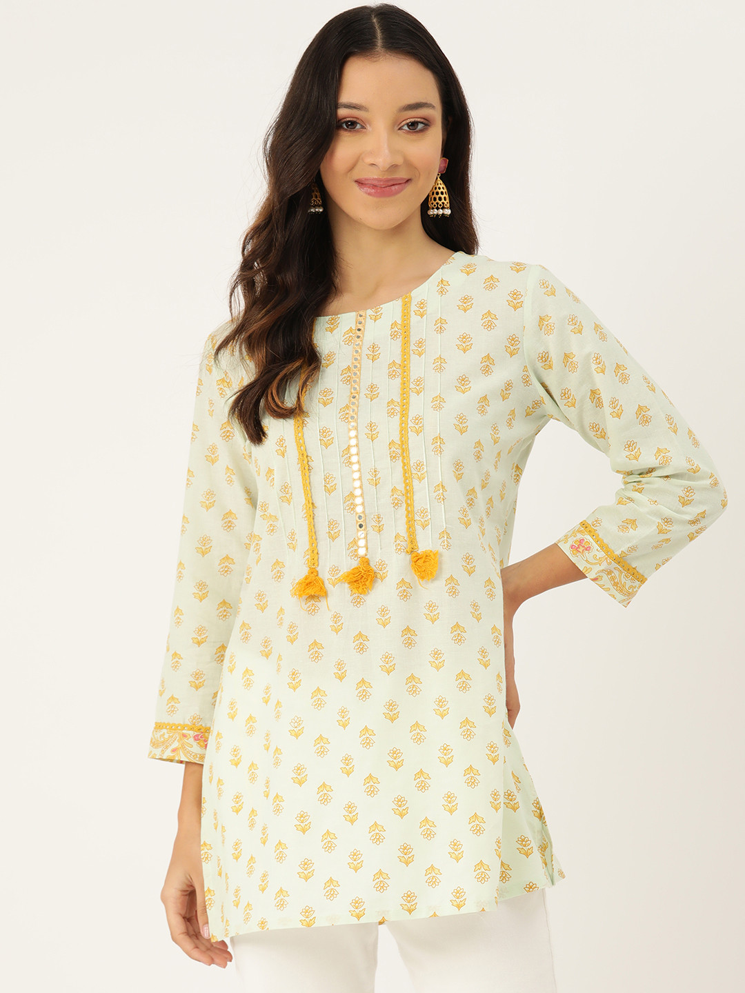 

Rue Collection Floral Printed Mirror Work Pure Cotton Mirror Work Pleated Kurti, Yellow