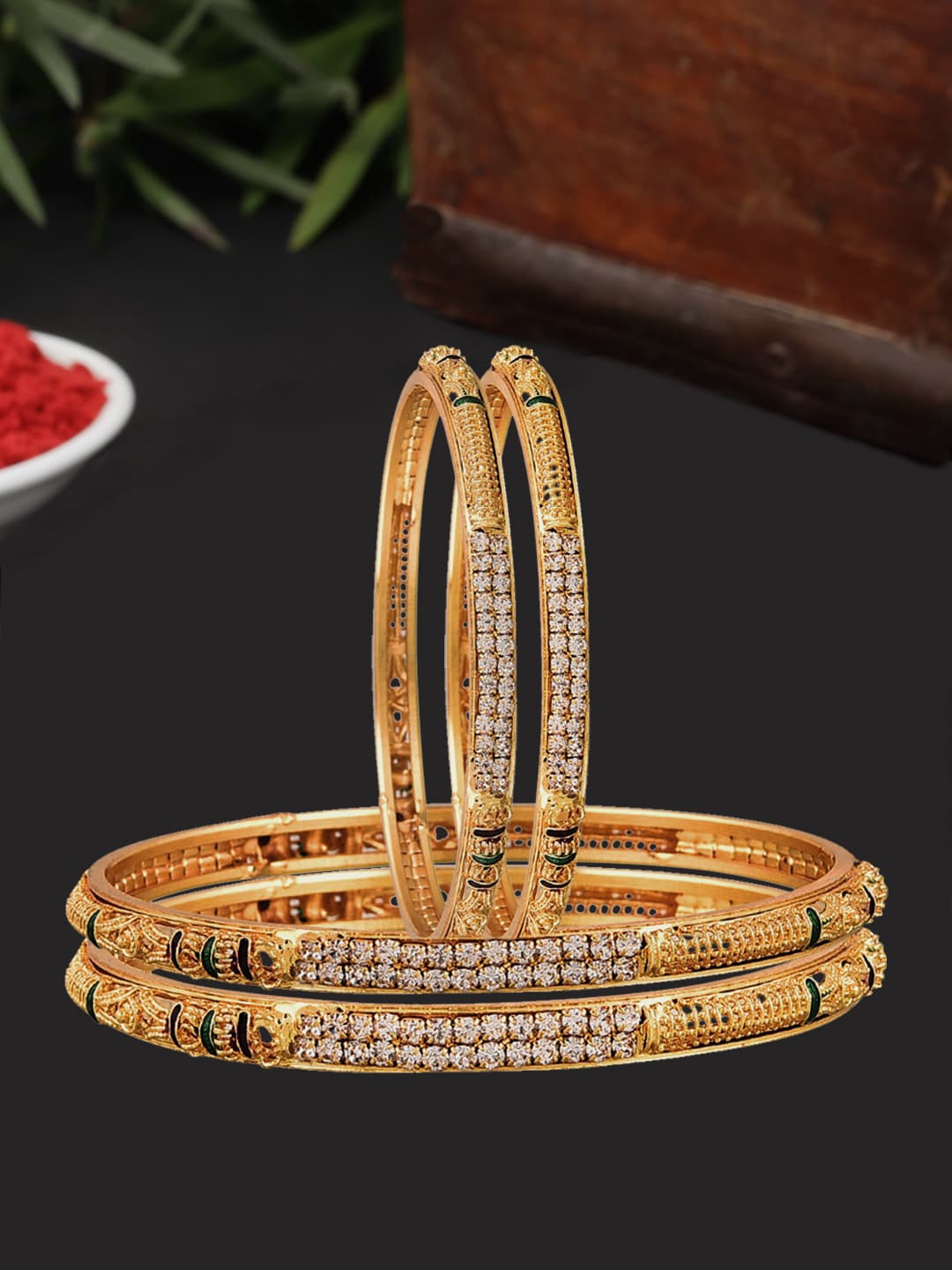 

ZENEME Set of 4 Gold-Plated Crystal Studded Meenakari Bangles