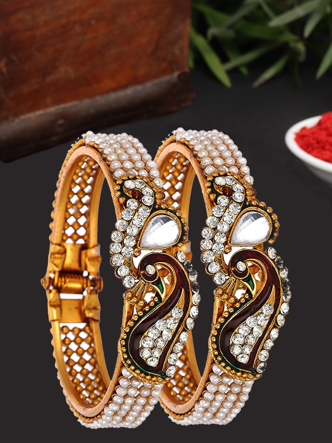 

ZENEME Set Of 2 Gold-Plated Pearls Beaded Peacock Inspired Openable Bangles