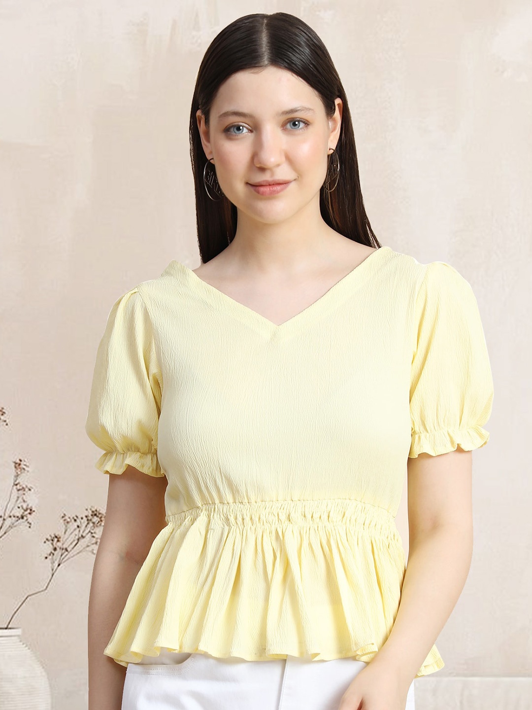 

BAESD V-Neck Puff Sleeve Peplum Top, Yellow