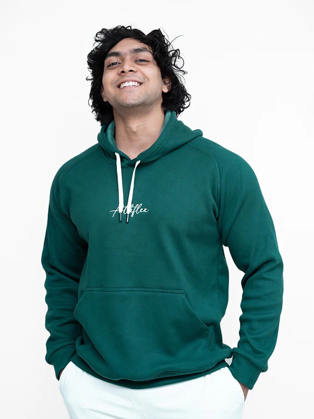 

Athflex Typography Printed Hooded Fleece Pullover, Green