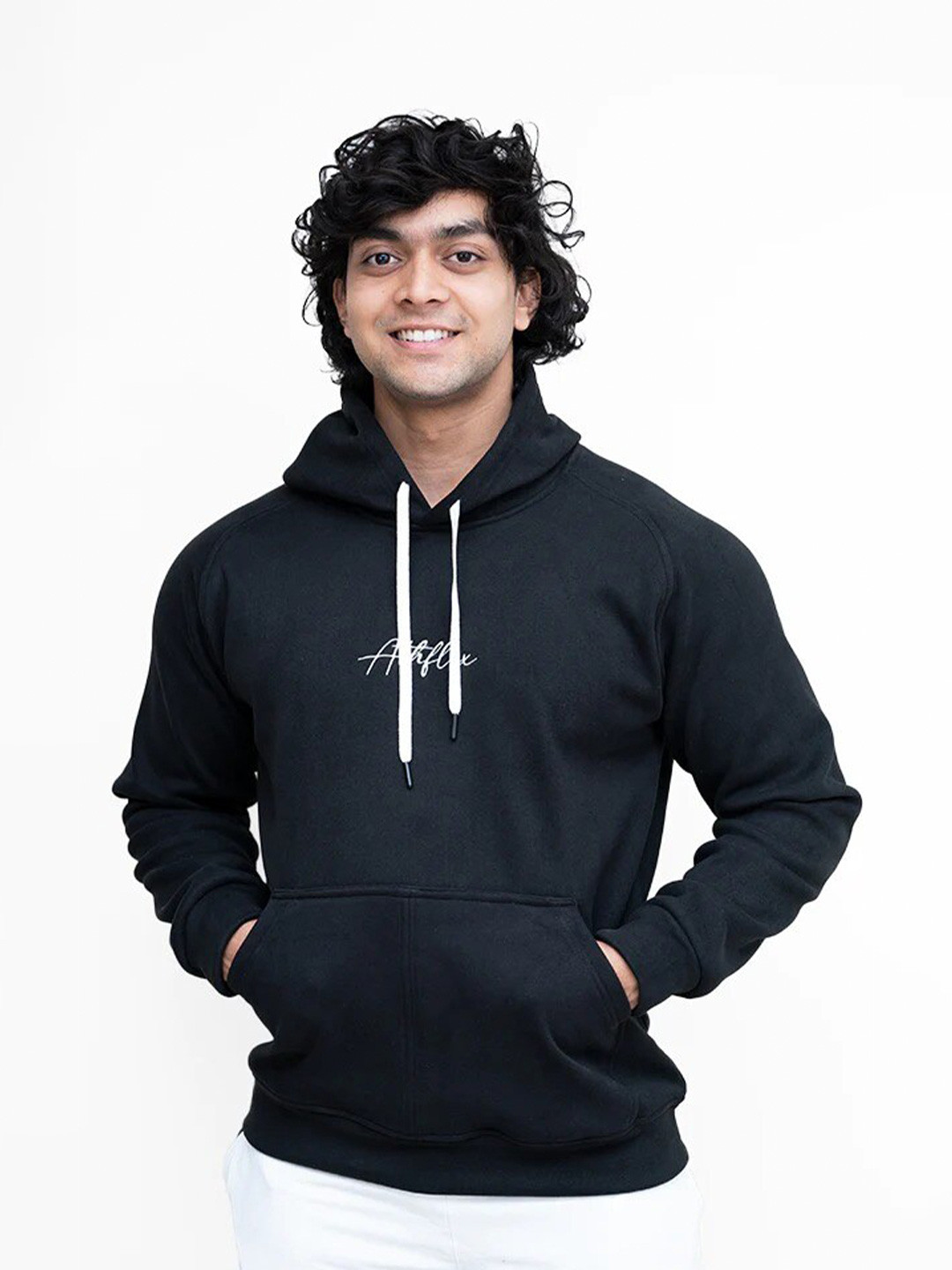 

Athflex Typography Printed Hooded Fleece Pullover, Black