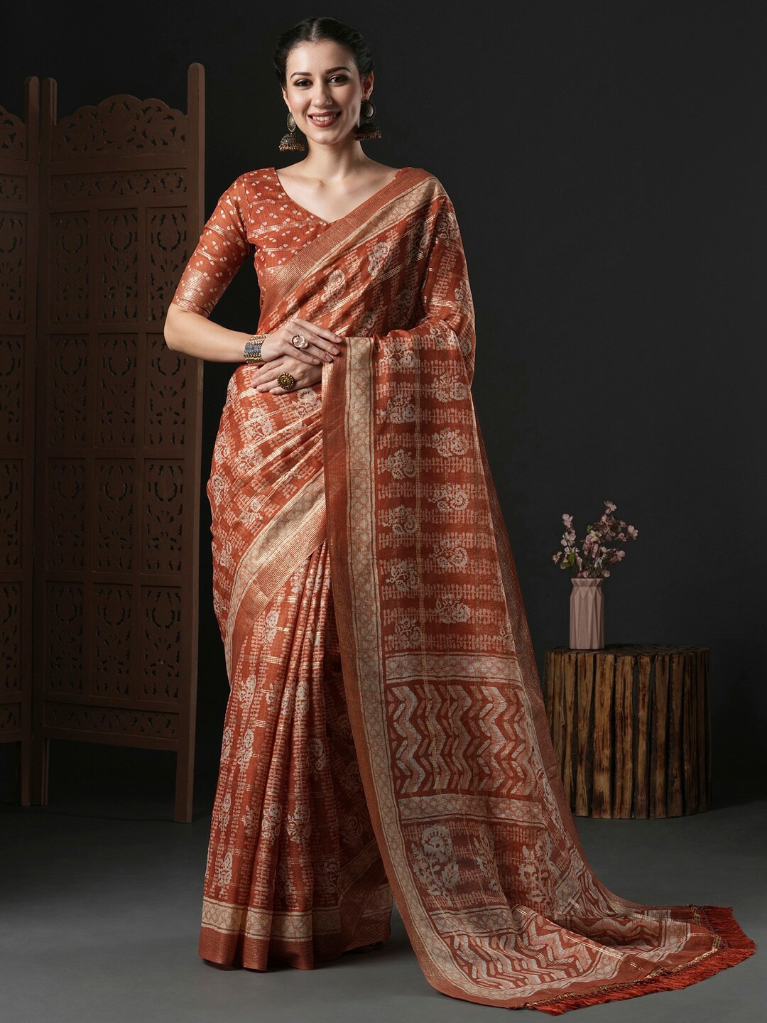 

Anouk Rustic Rust & Beige Ethnic Motifs Printed Zari Bagru Saree