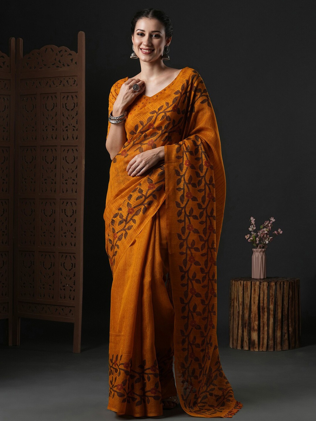 

Anouk Floral Printed Block Print Saree, Mustard