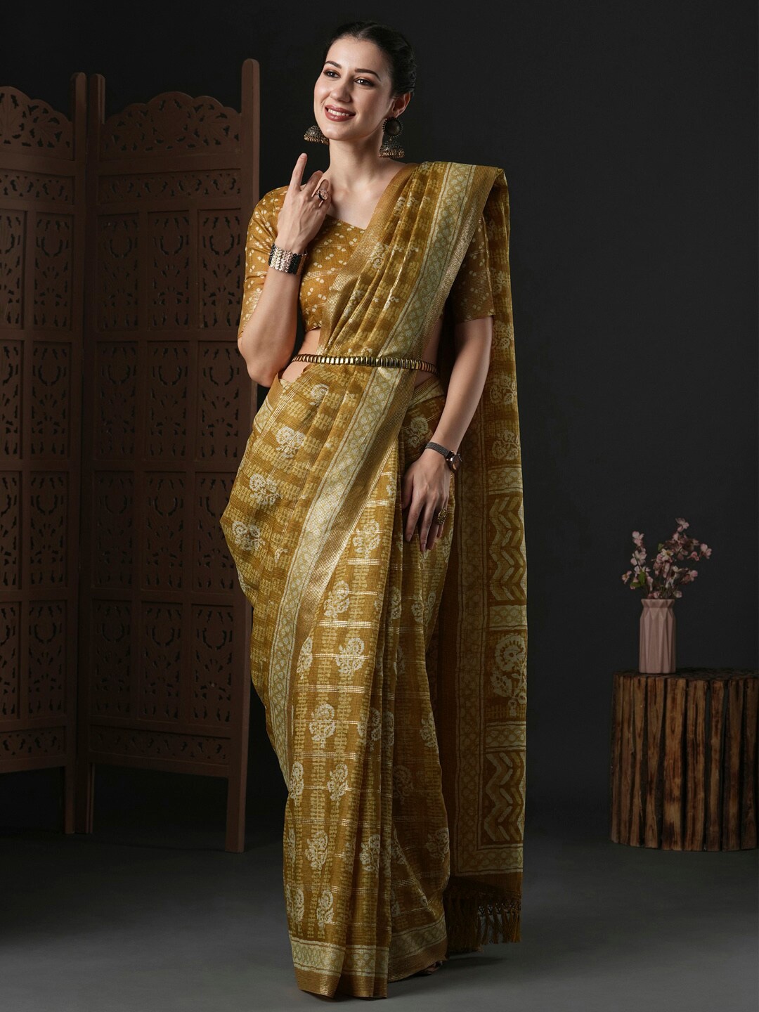 

Anouk Rustic Floral Printed Bagru Saree, Mustard