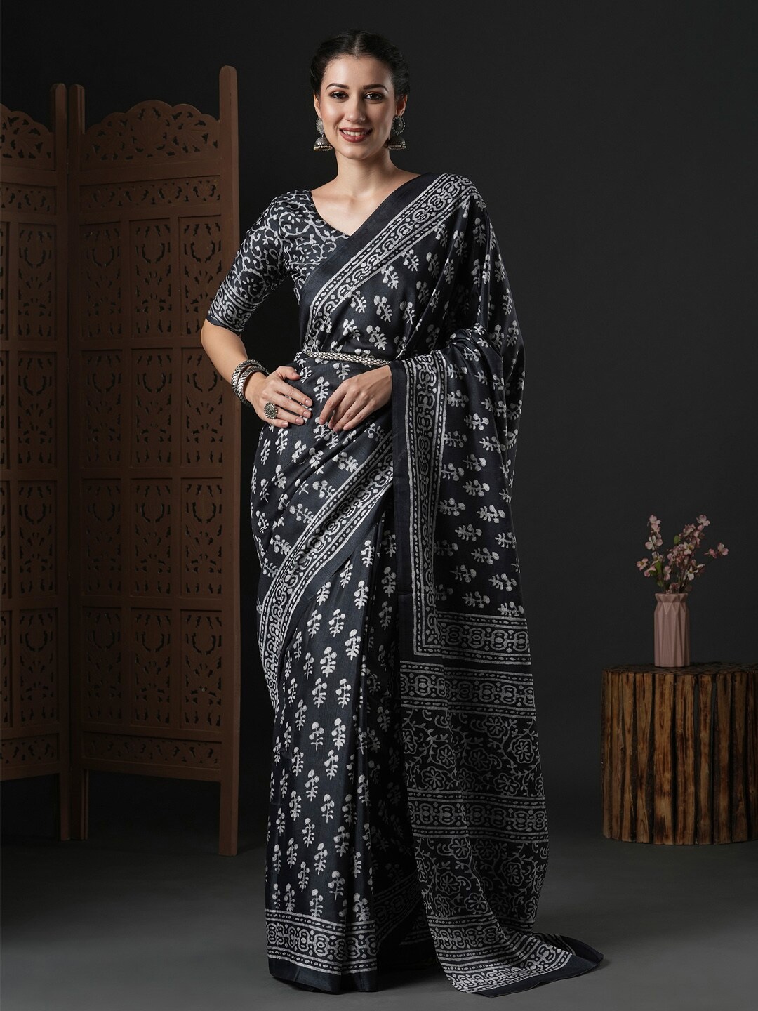 

Anouk Rustic Ethnic Motifs Printed Dabu Saree, Black