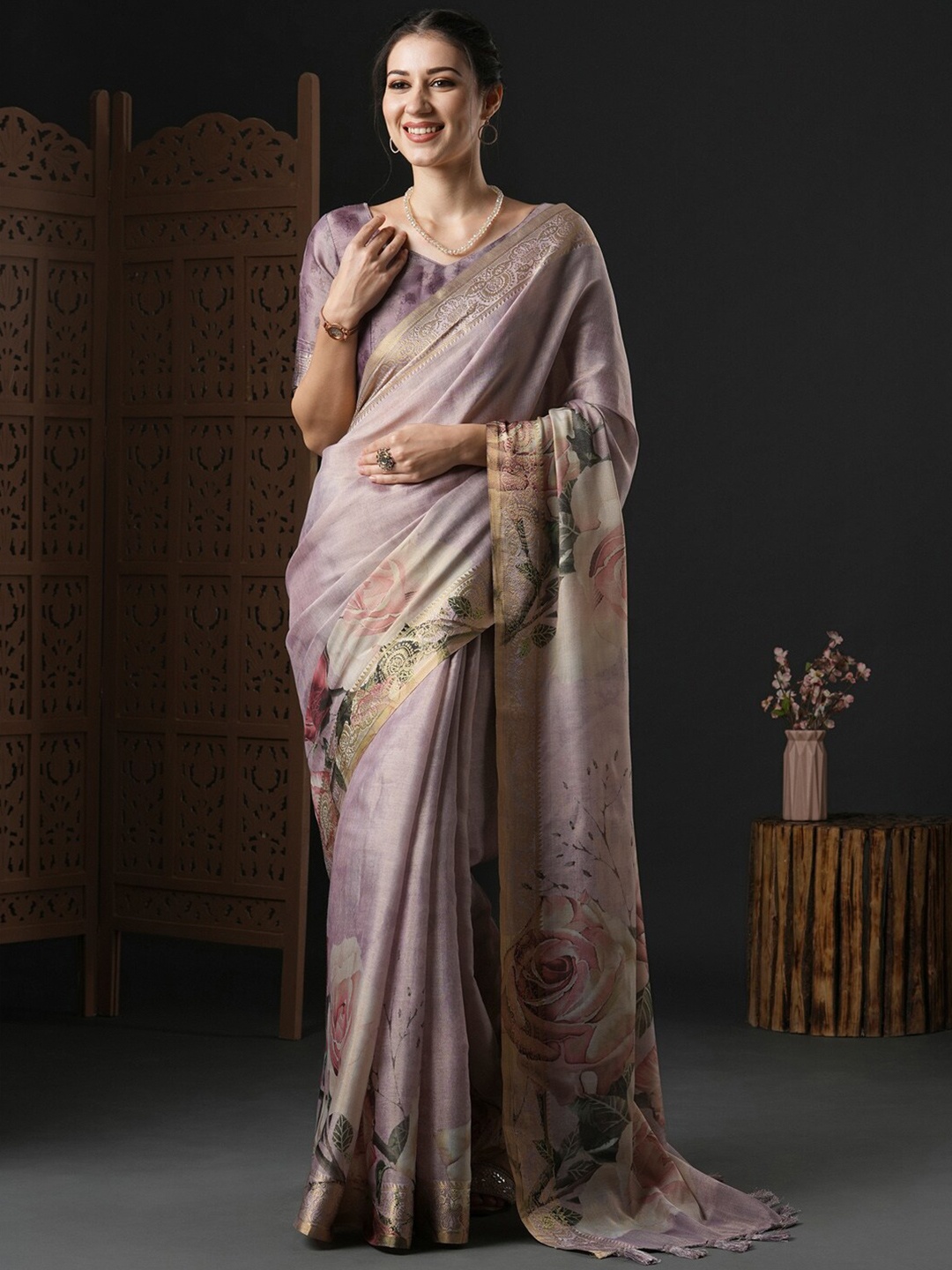 

Anouk Lavender & Brown Floral Printed Zari Sungudi Saree