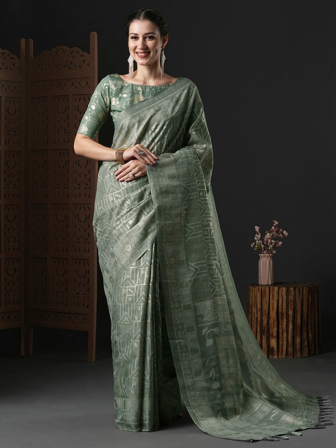 

Anouk Ethnic Motifs Printed Saree, Sea green