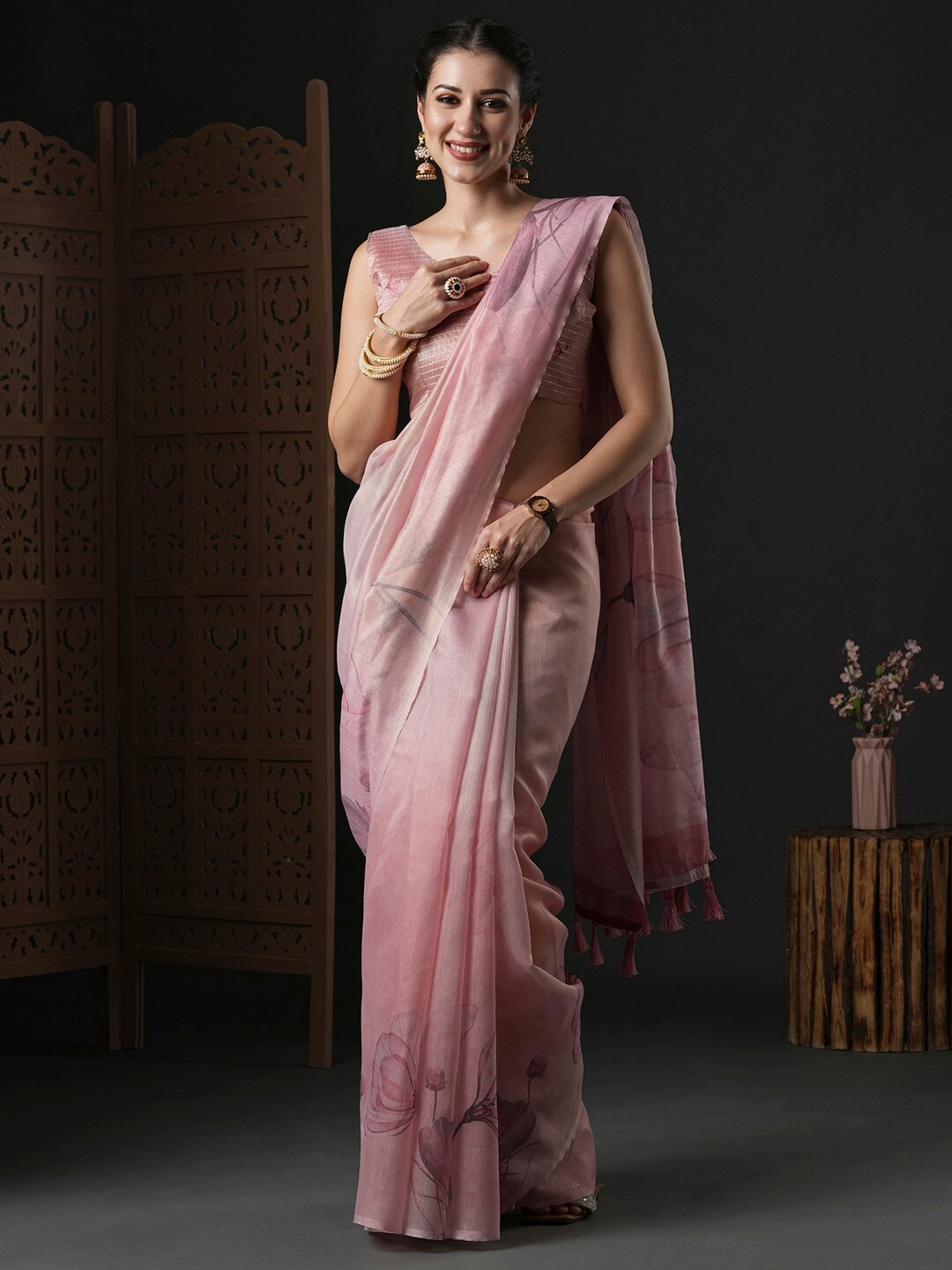 

Anouk Floral Printed Organza Saree, Pink