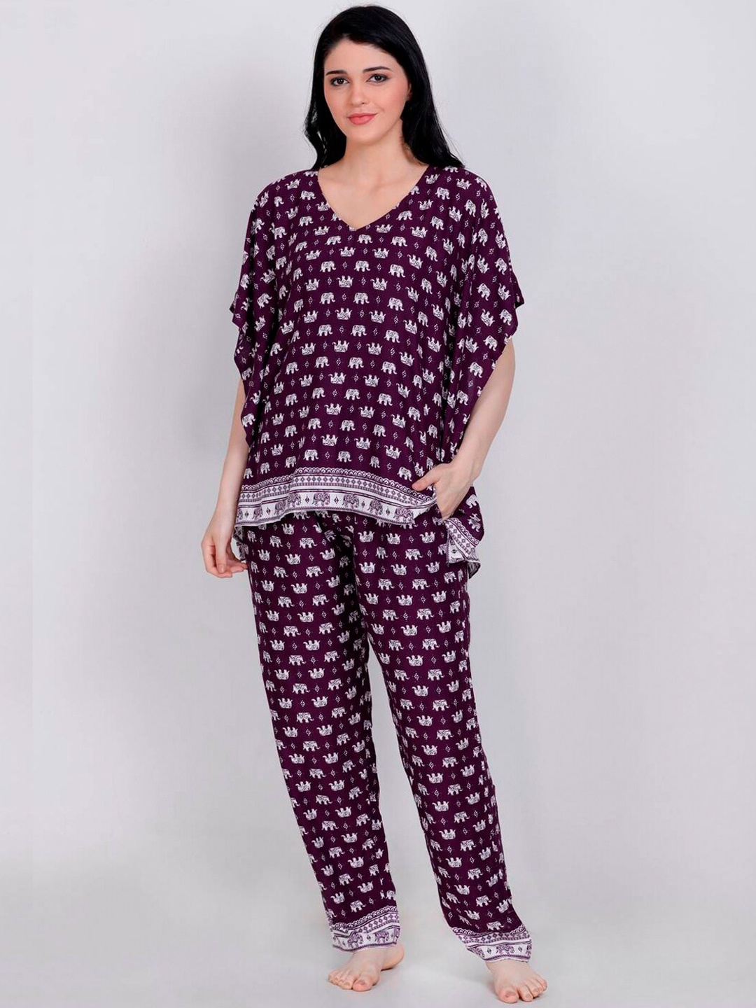 

LastInch Conversational Printed Kaftan Night suit, Purple