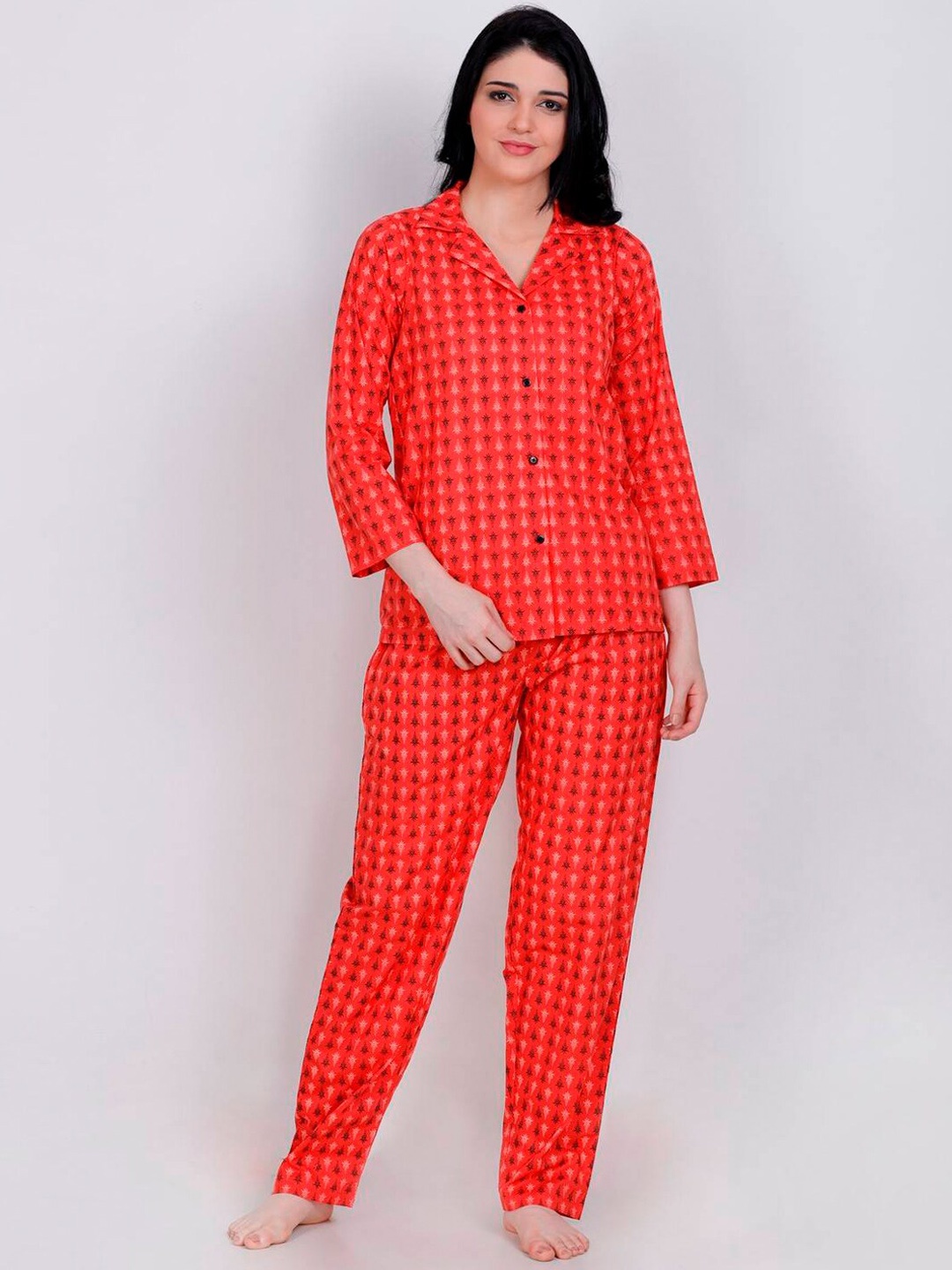 

LastInch Ethnic Motifs Printed Pure Cotton Night suit, Orange