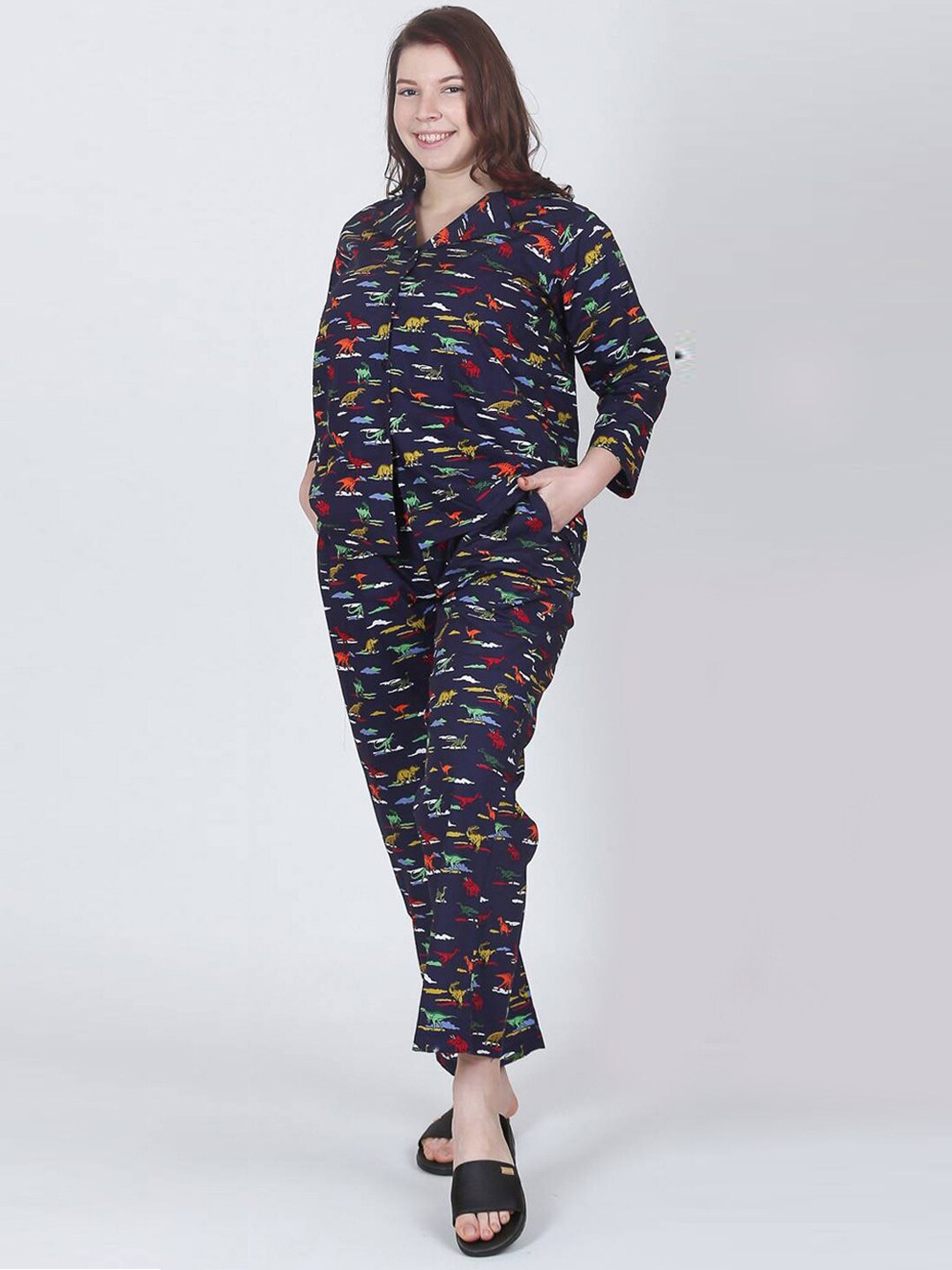 

LastInch Plus Size Printed Pure Cotton Night suit, Navy blue