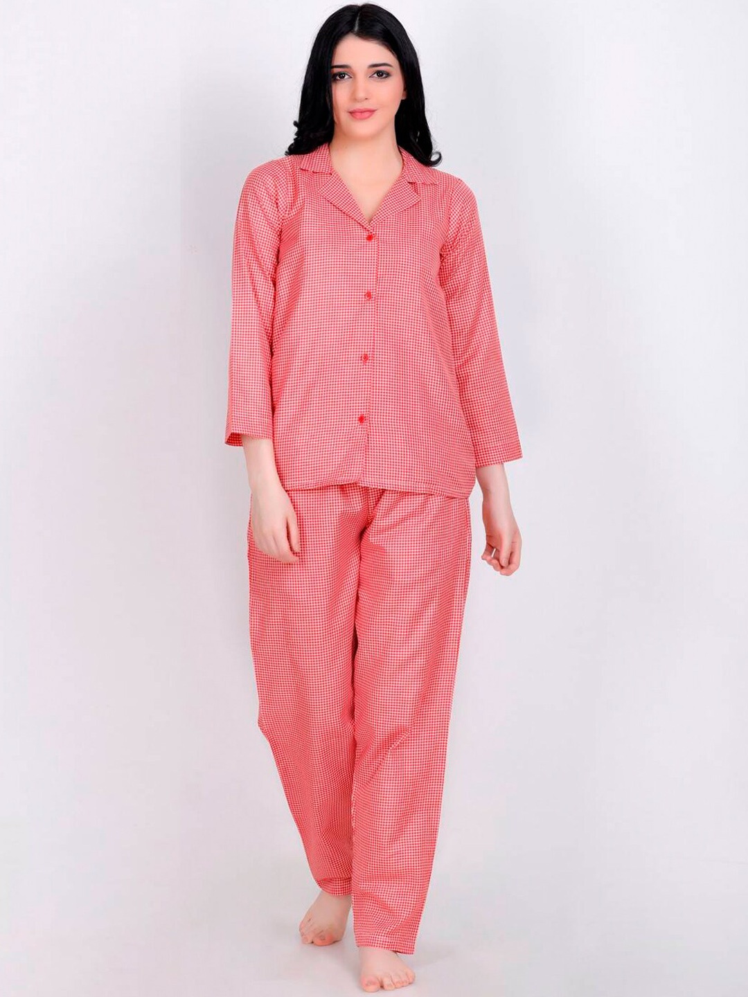 

LastInch Checked Pure Cotton Night suit, Red