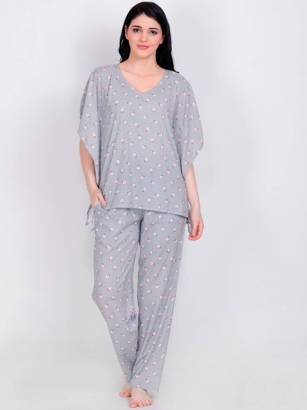 

LastInch V- Neck Floral Printed Kaftan Night Suit, Grey