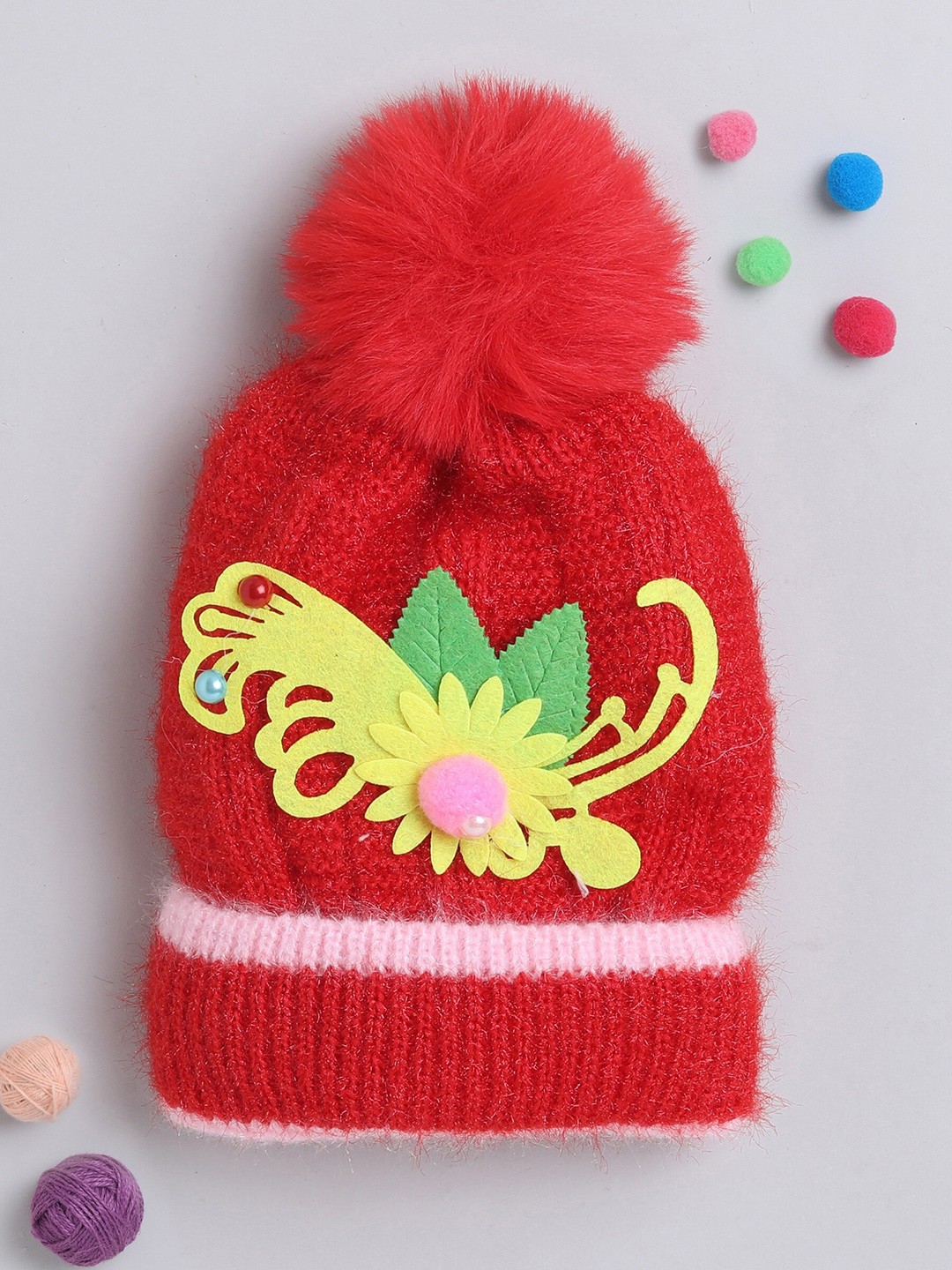 

The Magic Wand Kids Self Design Applique Wool Beanie, Red