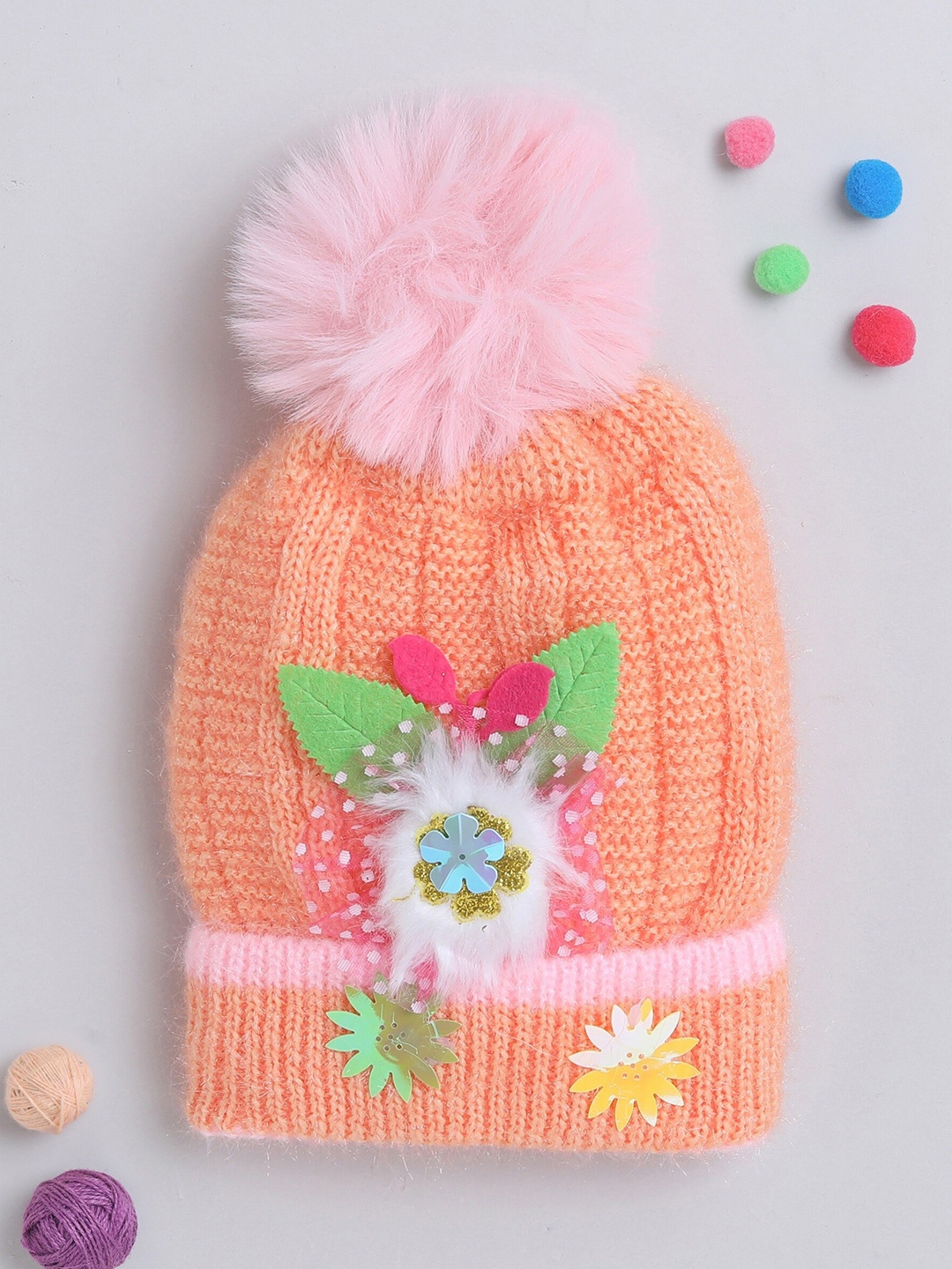 

The Magic Wand Kids Self Design Woollen Beanie, Peach