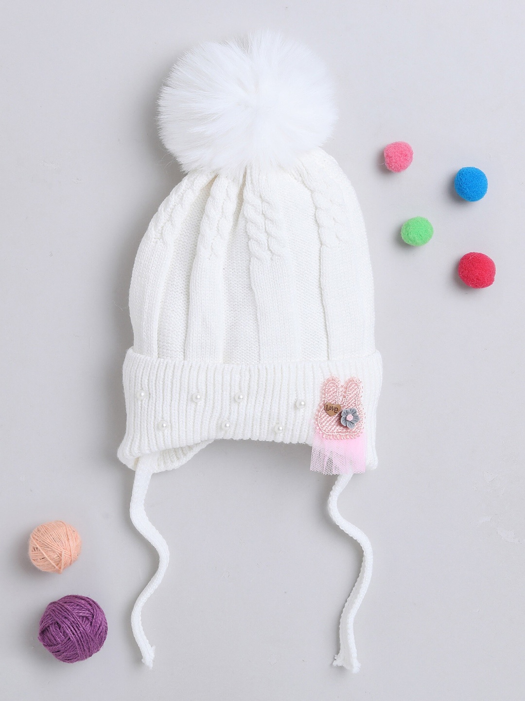 

The Magic Wand Kids Self Design Wool Beads Applique Beanie, White