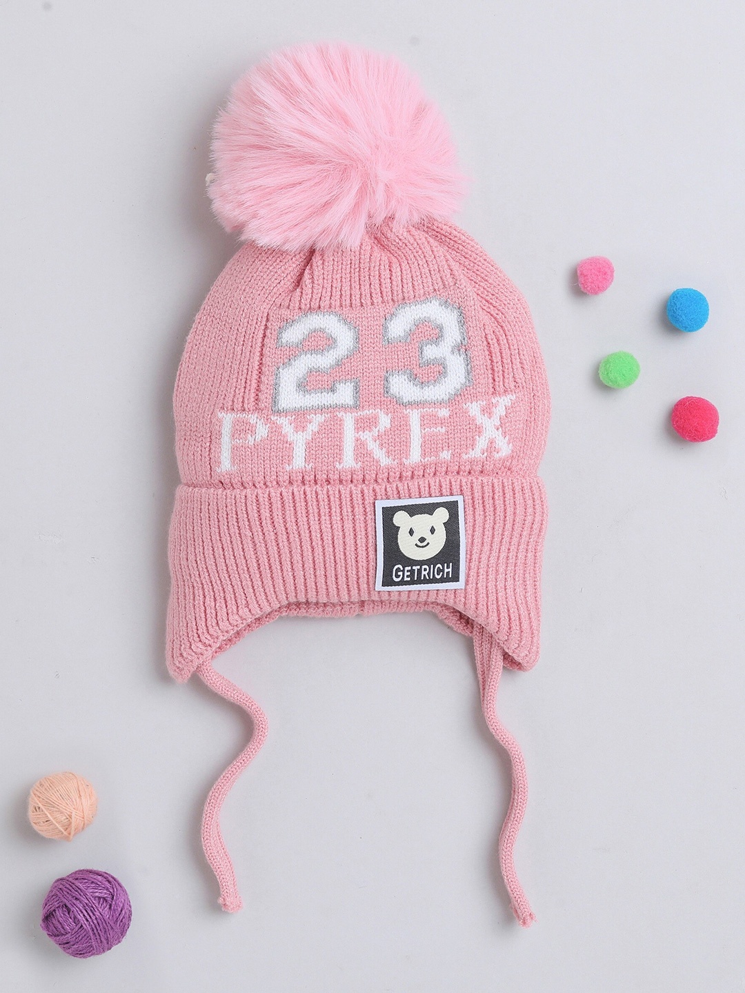 

The Magic Wand Kids Typography Printed Tie Up Wool Beanie, Pink