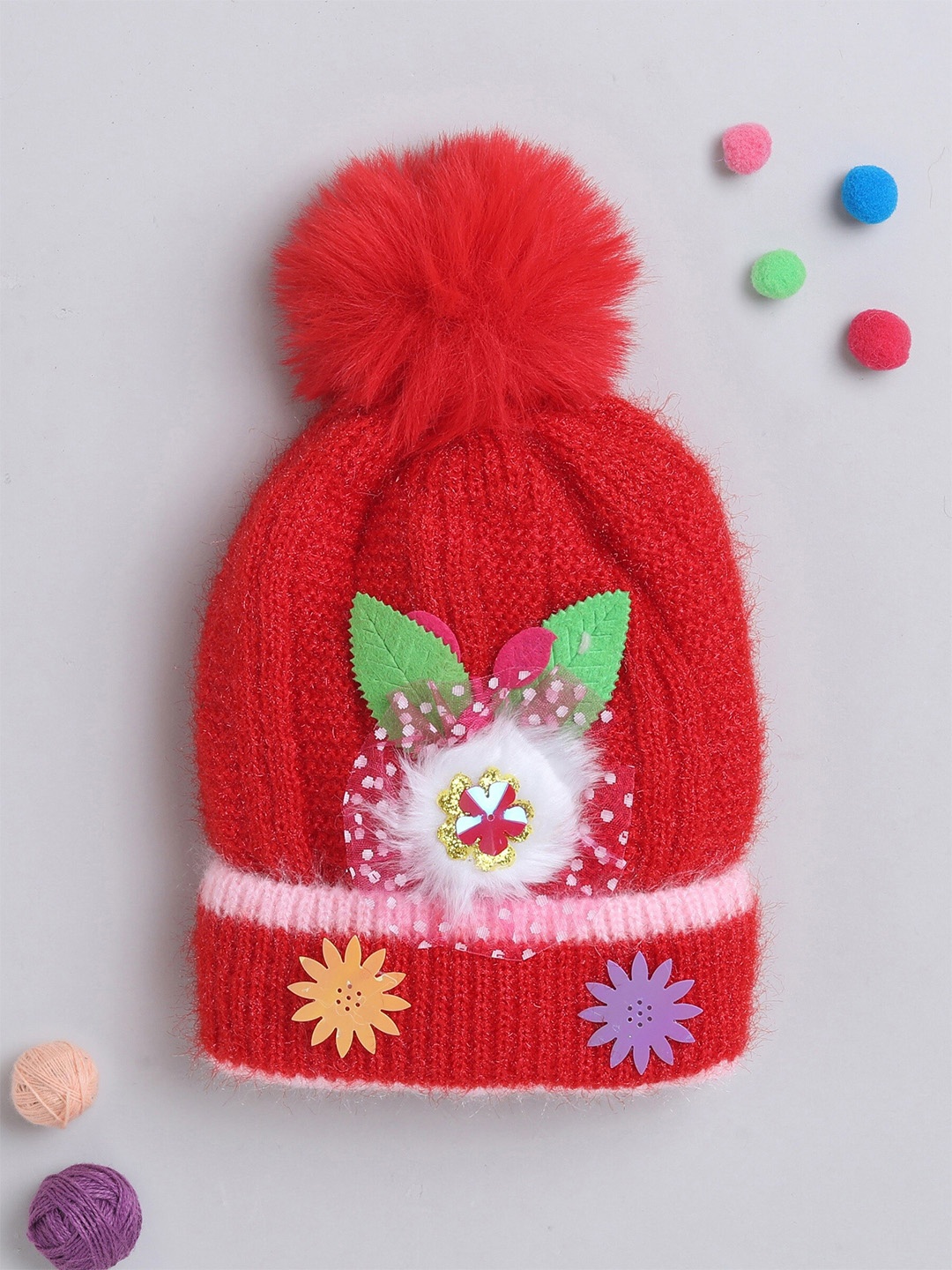 

The Magic Wand Kids Self Design Woollen Beanie, Red