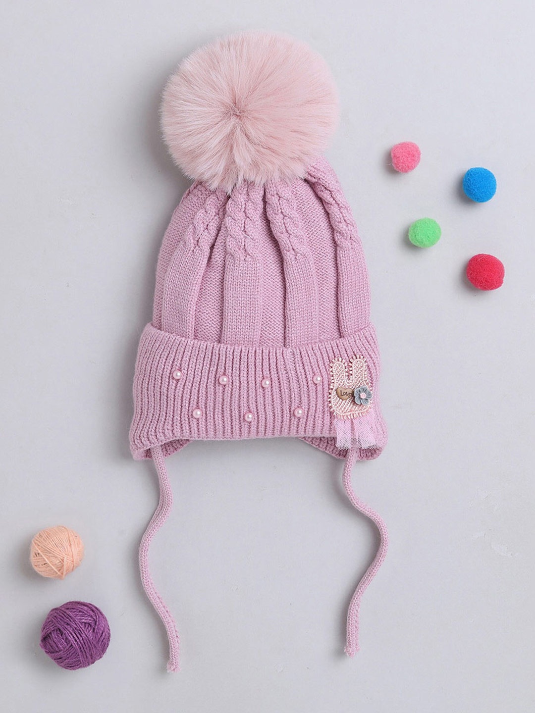 

The Magic Wand Kids Self Design Wool Beads Applique Beanie, Pink